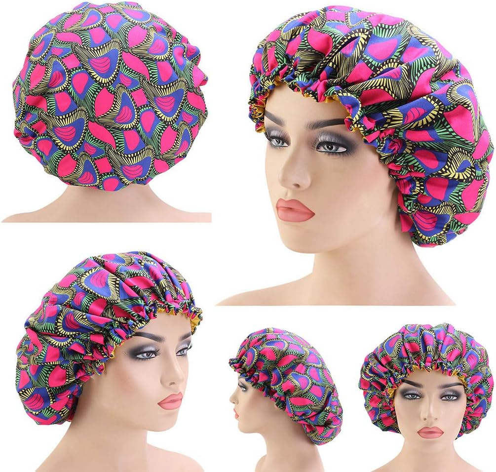 COMVIP 1Pc Adult Satin Bonnet Elastic Band Night Head Cover Sleep Cap B: Peacock image number 2