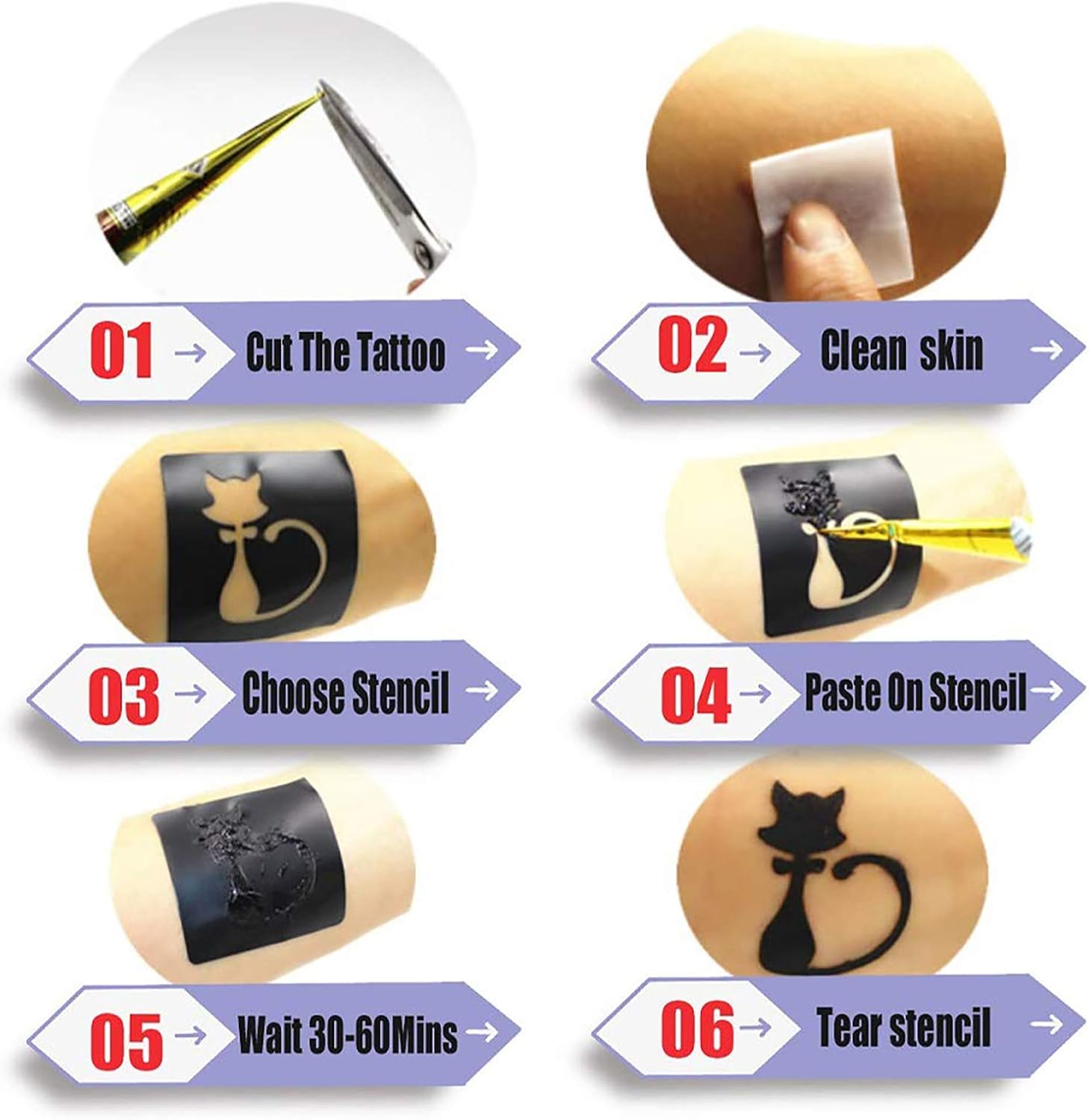 Tattoo Paste Cones, 4Pcs Semi Permanent Temporary Tattoos Kit, India Body DIY Art Painting for Women Men Teen, Summer Trend Freehand Paste with 3 Colors, 20 Adhesive Stencil, 1 Bottle, 4 Nozzles image number 2