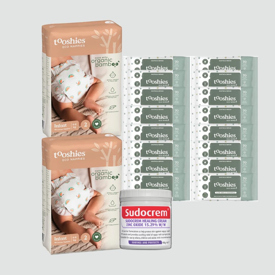 Tooshies Eco Nappies Size 2 Infant, 96 Count, White, 3.24 Kilograms + Tooshies Aloe Vera & Chamomile Eco Wipes, Pack of 1120 (16X70 Packs) + Sudocrem Healing Cream 400G
