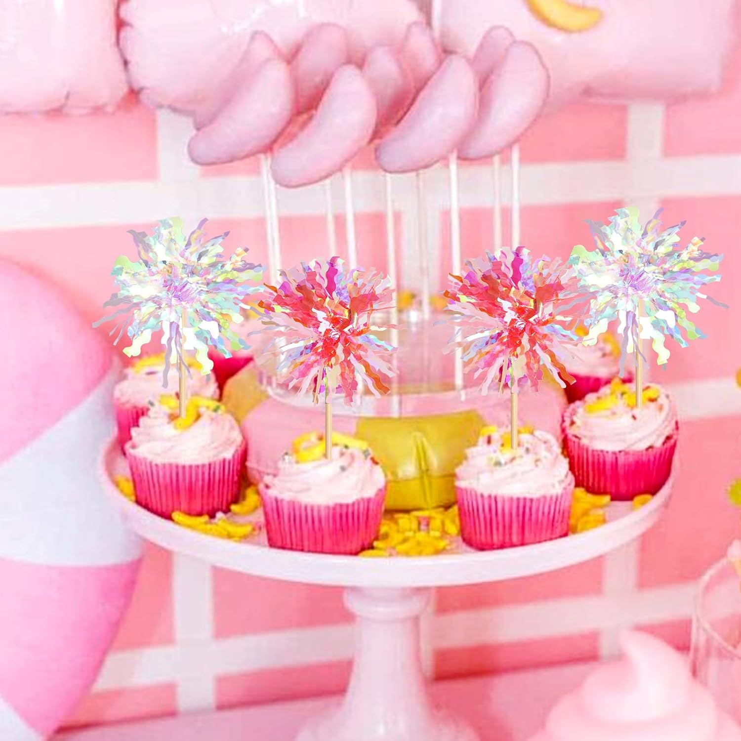 20 Pack Foil Firework Cupcake Toppers Party Birthday Cake Toppers Supplies Sparkle Tinsel Cocktail Fruit Toothpick for Birthday Wedding Graduation Party White+Pink - Black Gold Sliver image number 3