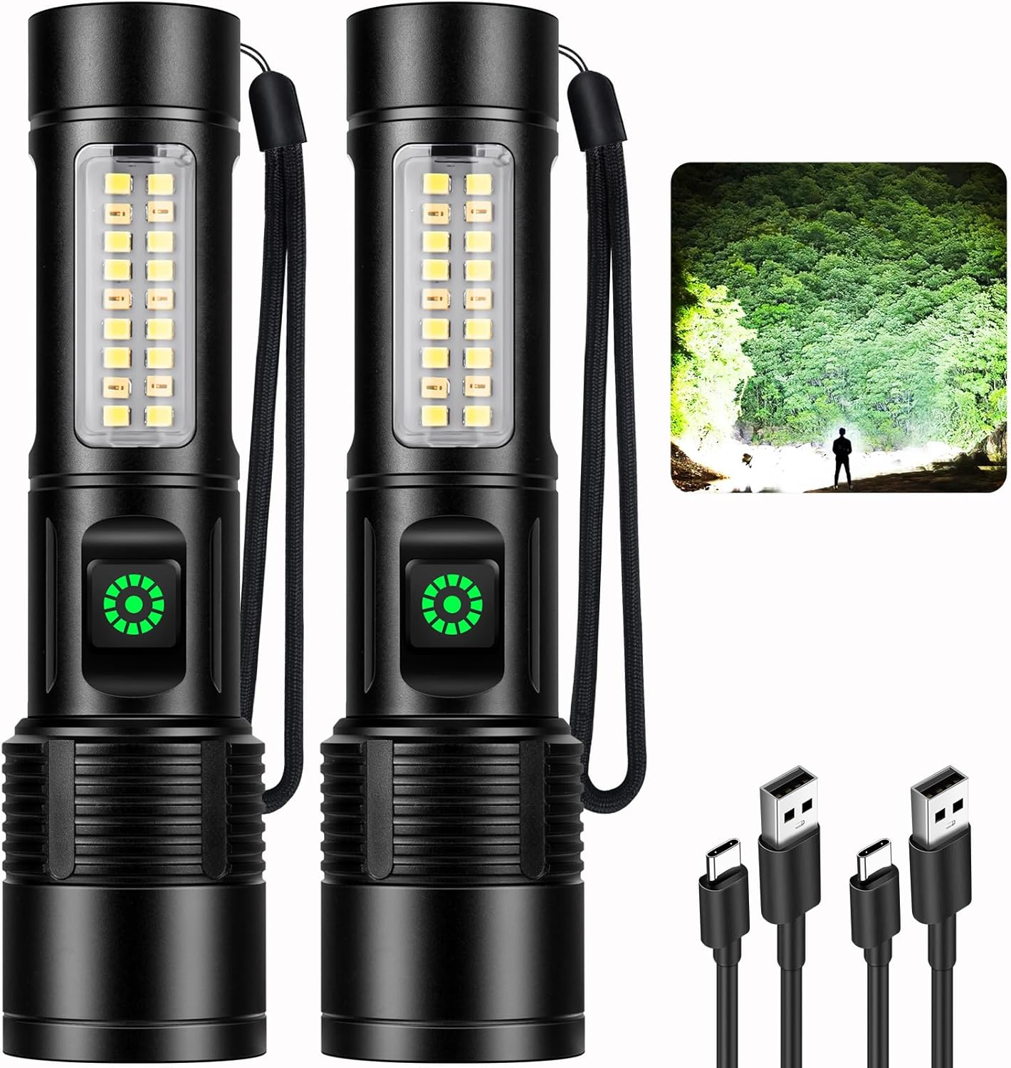 Cinlinso Ultra Powerful LED Torch 100000 Lumens, 2 Pieces Rechargeable Long Life Flashlight, 5 Modes & IP6 Waterproof Zoomable Torch Tactical Flashlish for Camping Hiking Fishing image number 5