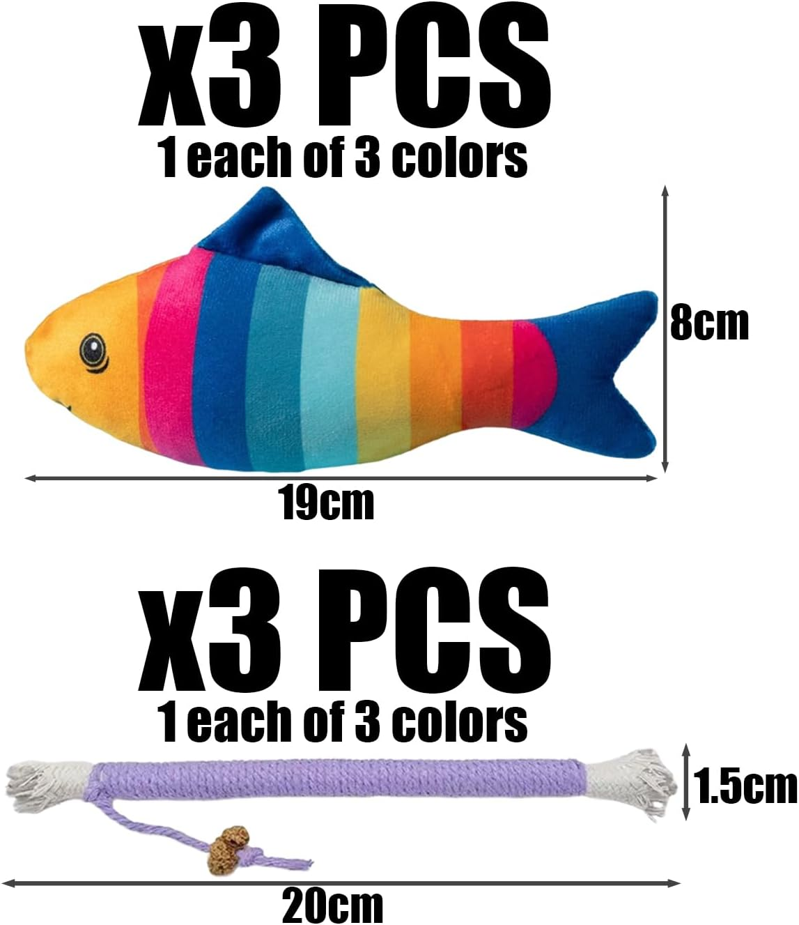JDNFKG Pack of 3 Plush Fish Toys and 3 Pieces Teething Rope, Interactive Cat Toy, Cat Teeth Cleaning Accessories, Pet Supplies image number 5