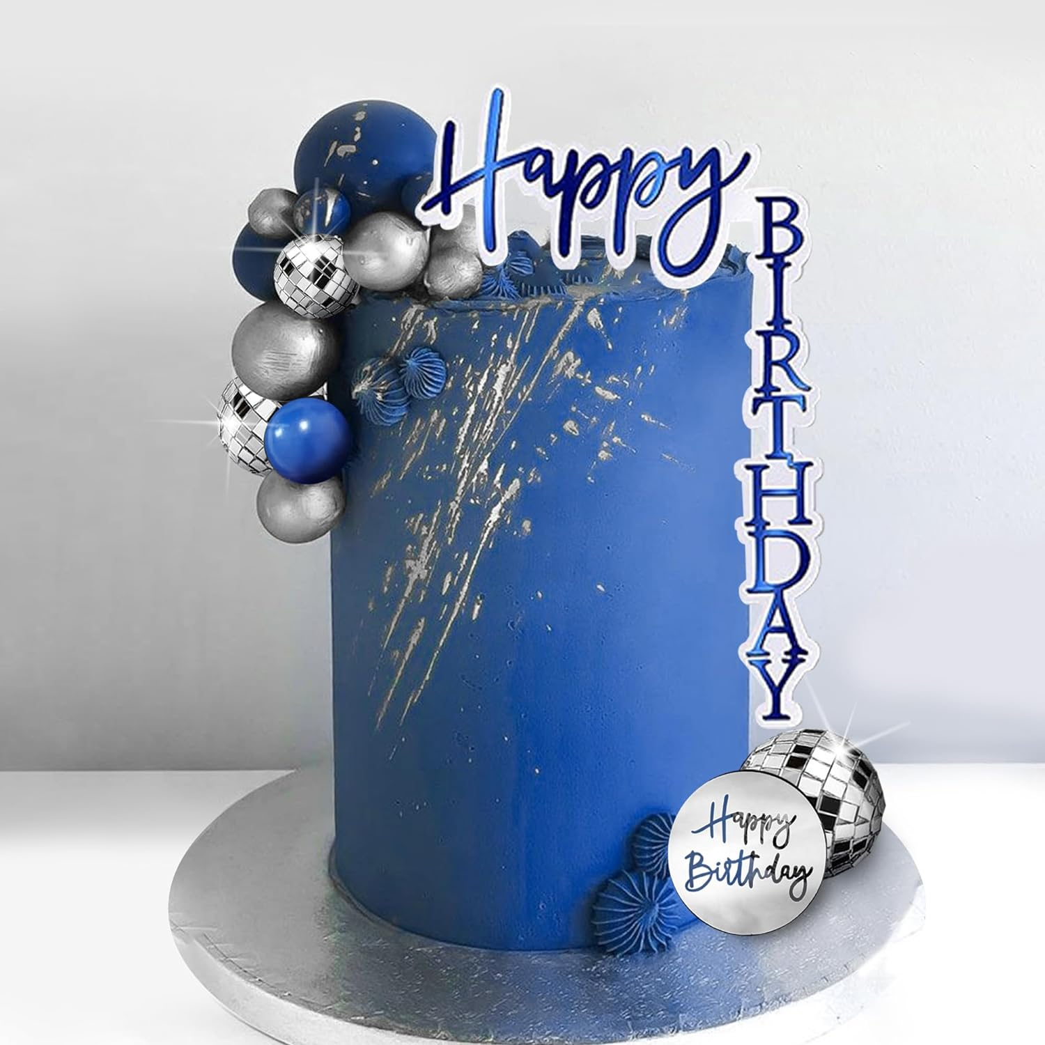 DRWATE Man Cake Topper Blue Silver Disco Ball Cake Topper Boho Cake Topper Decorations for Navy Blue Boho Wedding Man Boy Birthday Party Baby Shower Supplies (Blue 02)