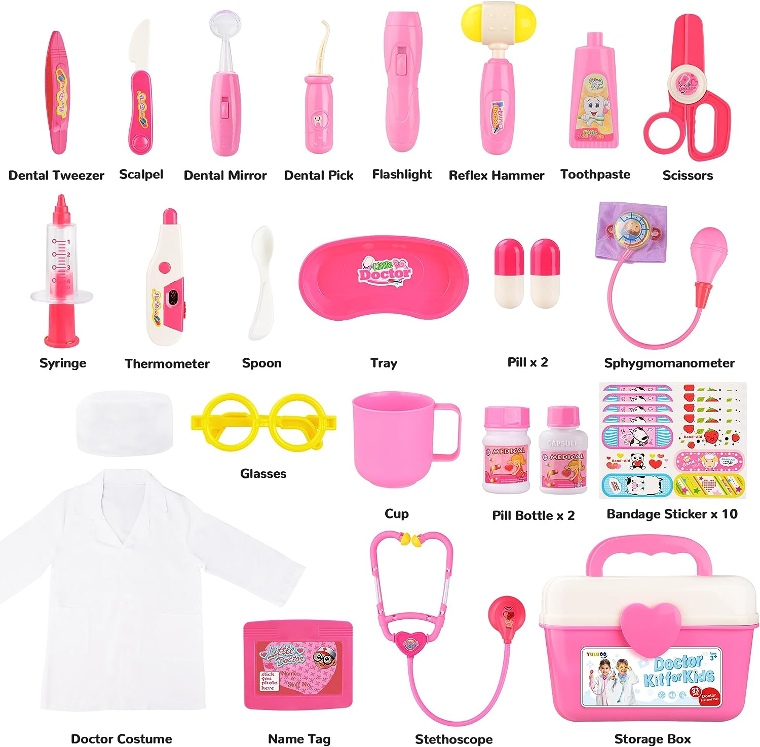 Doctor Kit for Kids, 33 PCS Durable Doctor Toy Dentist Medical Kit with Stethoscope and Doctor Costume, Pretend Play Doctor Playset for Toddler Boys Girls 3 4 5 6 Years Old (Pink Doctor Kit)