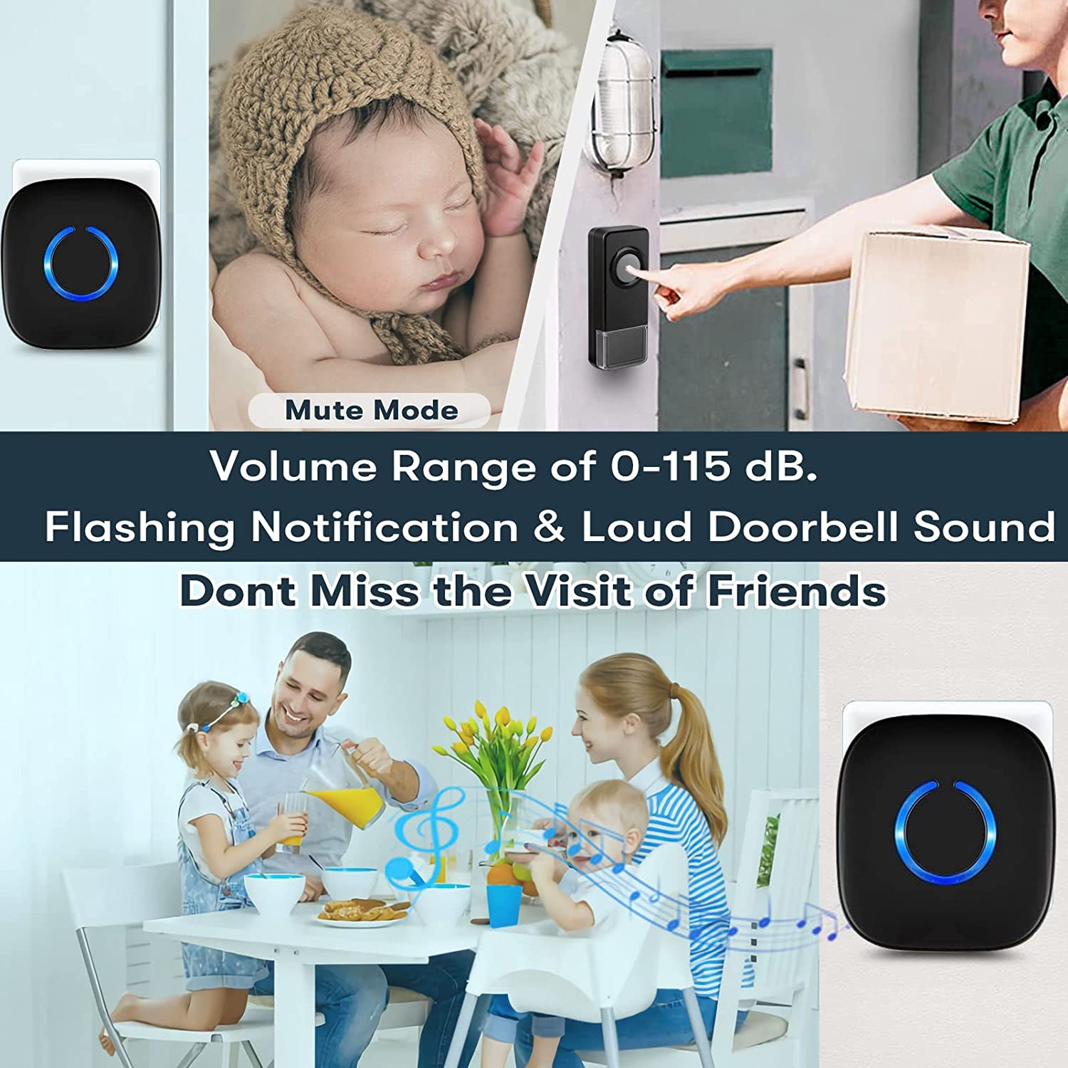 Wireless Doorbell, Remote Door Bell Ringer Wireless Long Range 300M with 58 Melodies, Coolqiya Portable Doorbell with 1 Waterproof Transmitter and 1 Plug-In Receiver image number 6