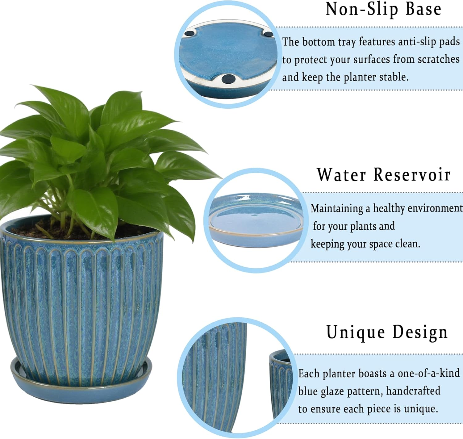 6 Inch/15 Cm Glaze Blue Ceramic Plant Pots with Drain Hole & Saucer, Flower Pots for Indoor/Outdoor Plants - Succulent, Snake Plant, Money Tree, Aloe Vera, Basil Planter image number 1