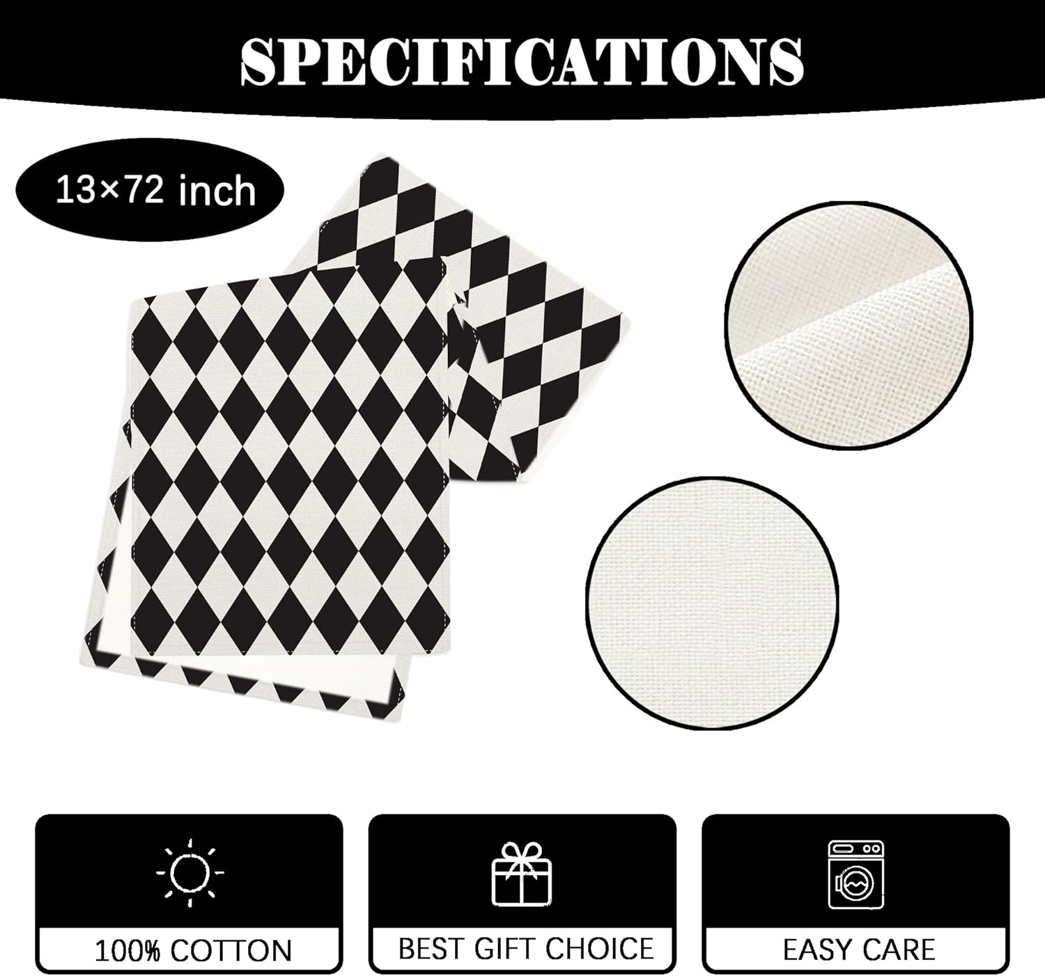 Black and White Diamond Table Runner Tea Themed Party Decor Picnic Holiday Checkered Table Cover Black and White Decorations for Simple Life Home Party image number 3