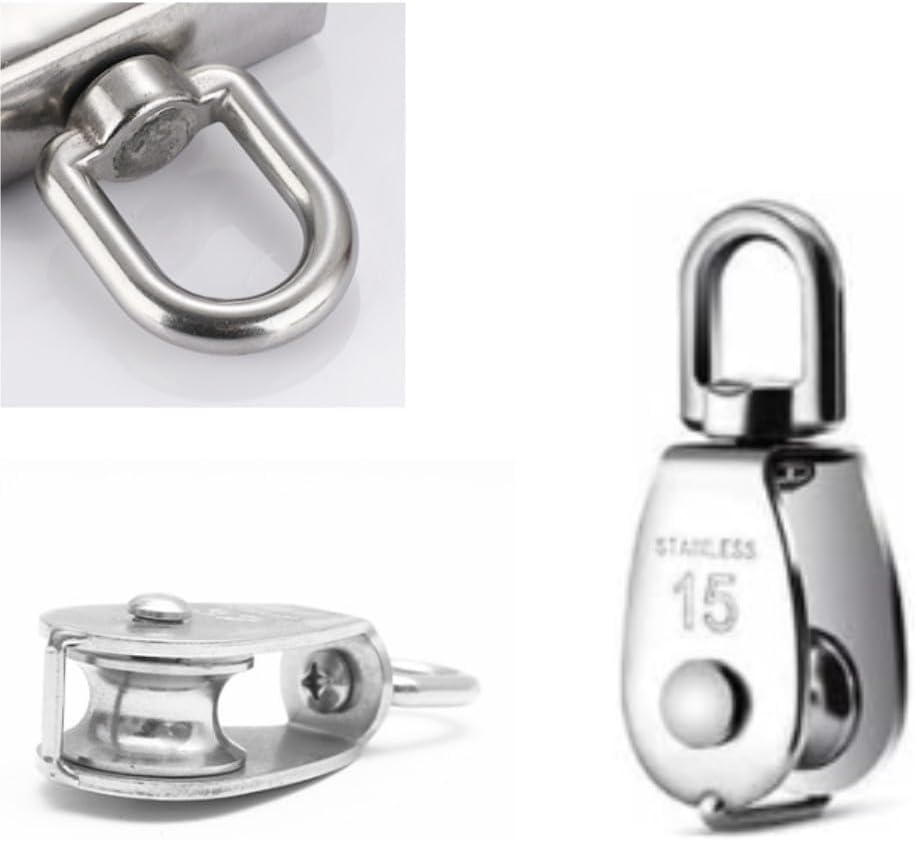 Stainless Steel Wire Rope Crane Pulley Block M15 Lifting Crane Swivel Hook Single Pulley Block Hanging Wire Towing Wheel,304 Stainless Steel 0.59" (6PCS) image number 3