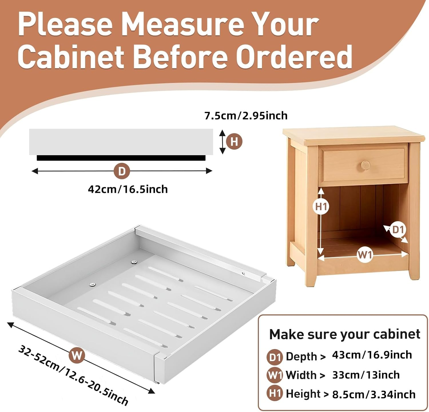 Expandable (12.6"-20.5") Pull Out Cabinet Organizer Sliding Drawer Kitchen Storage, Pantry Shelves Adjustable Peel and Stick Slide Out Drawers, Heavy Duty Adhesive Retractable Bathroom Rack