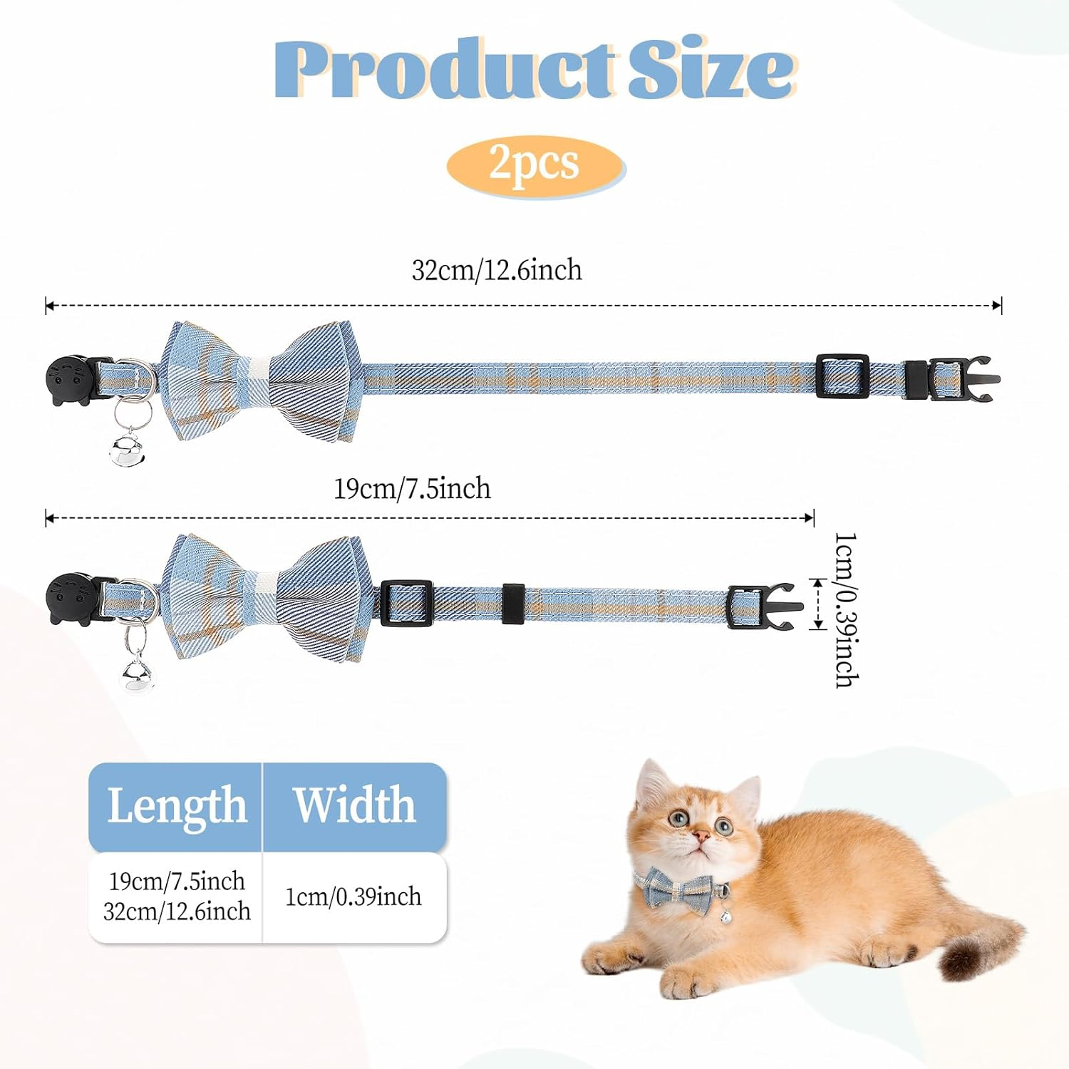 Pack of 2 Cat Collars with Bow Tie and Bell, Personalised Cat Collar, Removable Cat Collars, Adjustable Cute Collars, Quick Release Safety Collars for Cats Pets image number 2