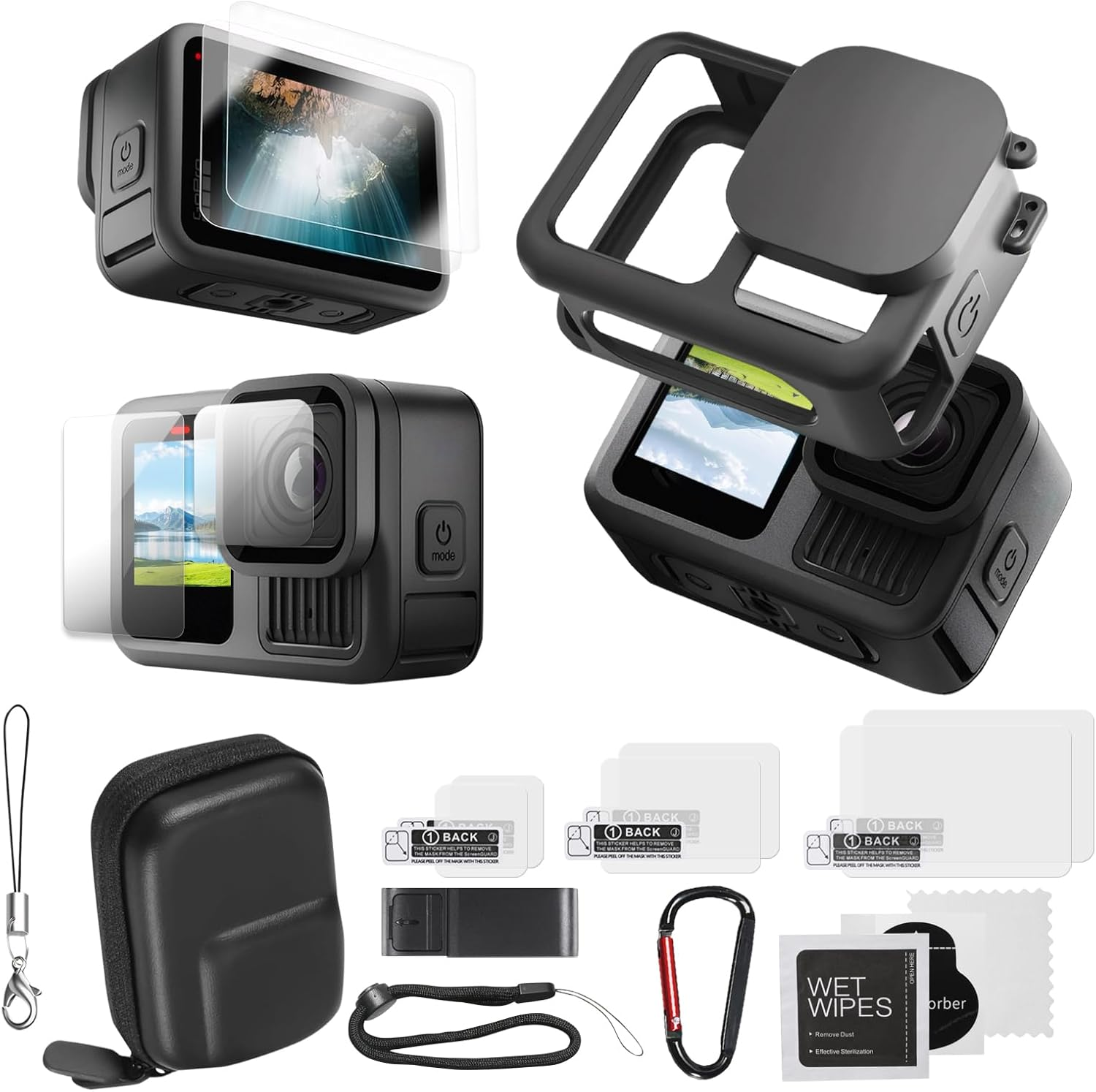 Gopro Hero13 Silicone Protective Case, Camera Case & Screen and Lens Hardened Film & Lens Cap & Lens and Screen Cleaning Set & Hand Rope, Gopro Hero13 Black Accessory Package image number 2