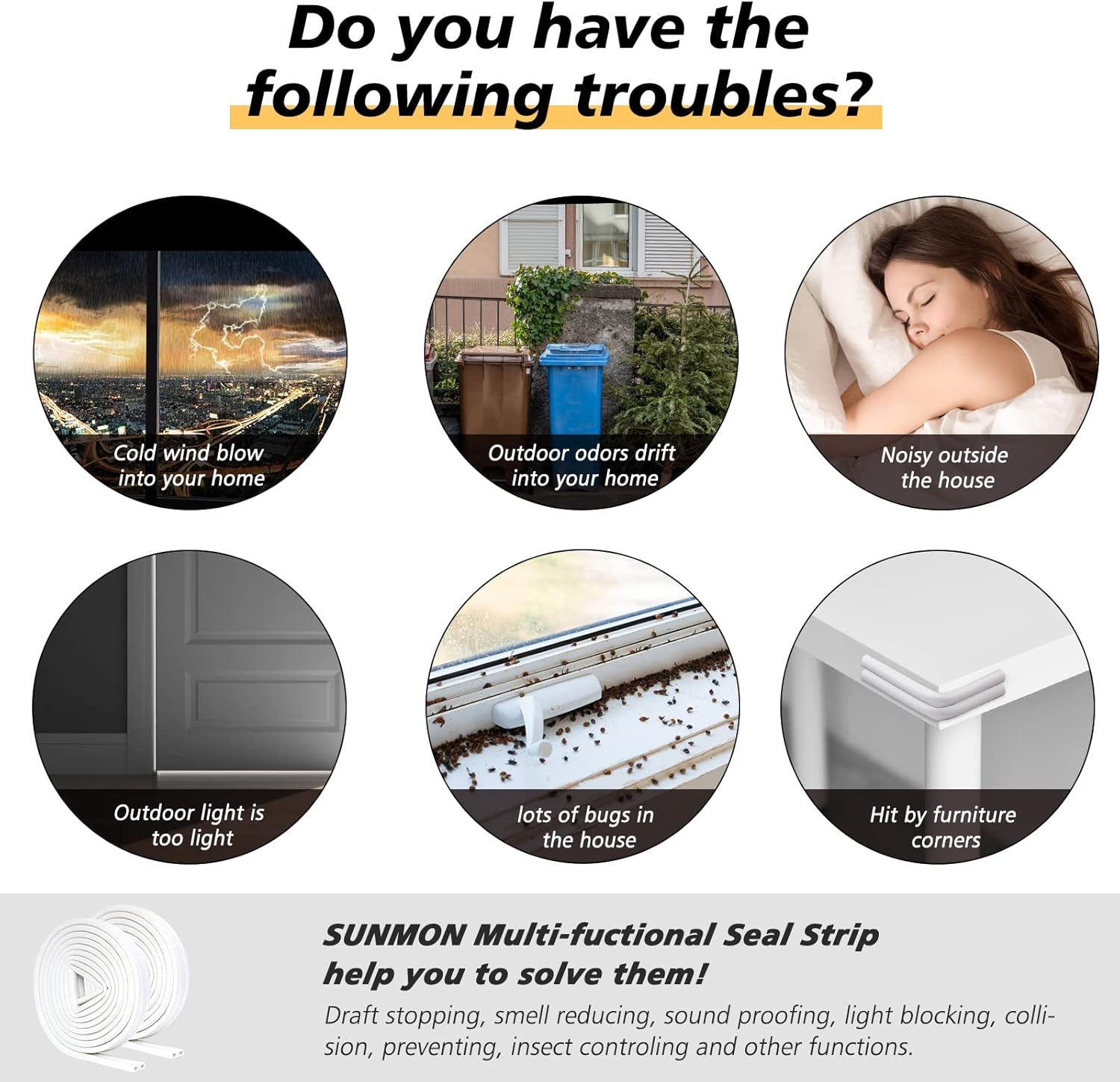 SUNMON D-Type Strip Door Weather Stripping Door Seal Self Adhesive Foam Soundproofing for Doors and Windows, Oundproofing Weatherstrip Gap Collision Avoidance (White) - Black image number 3