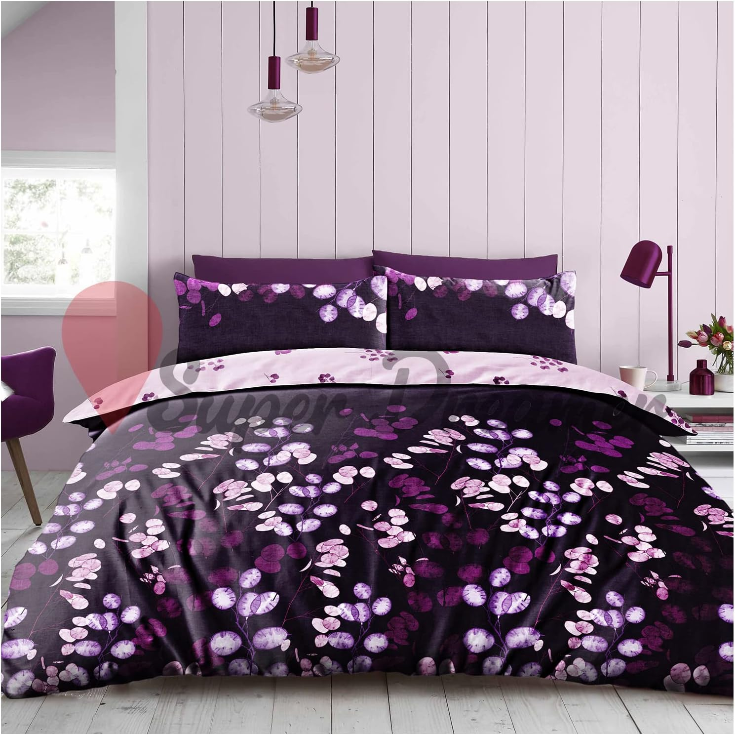 Botanical Fitted Sheet Single Duvet Cover with Pillowcase, 3Pcs Breathable Complete Bedding Set, Purple image number 6