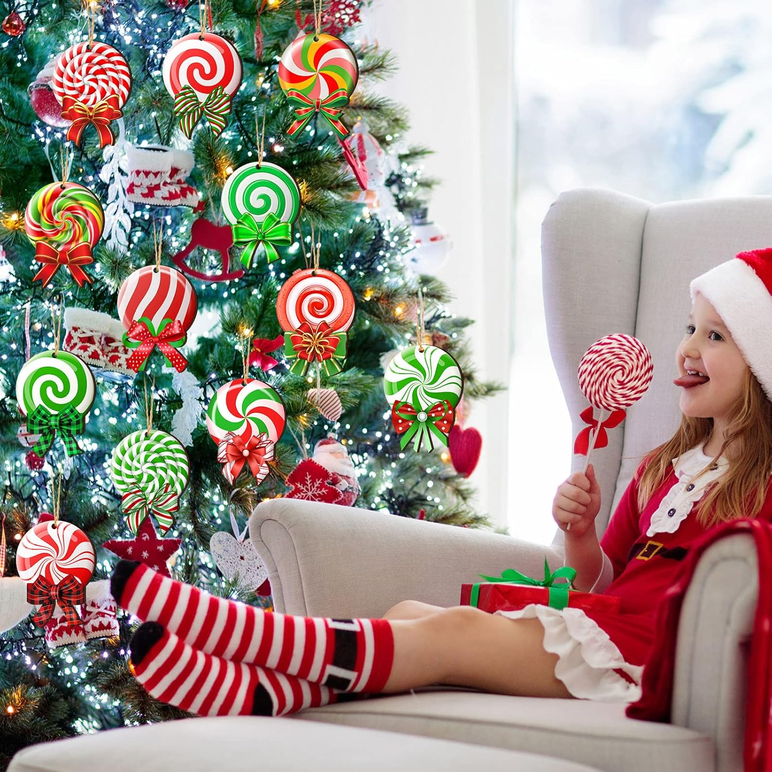 36 Pieces Christmas Tree Ornaments Colorful Wood Lollipop Hanging Peppermint Tree Decorations with Ropes for Candy Party Xmas Tree Home Decor image number 5