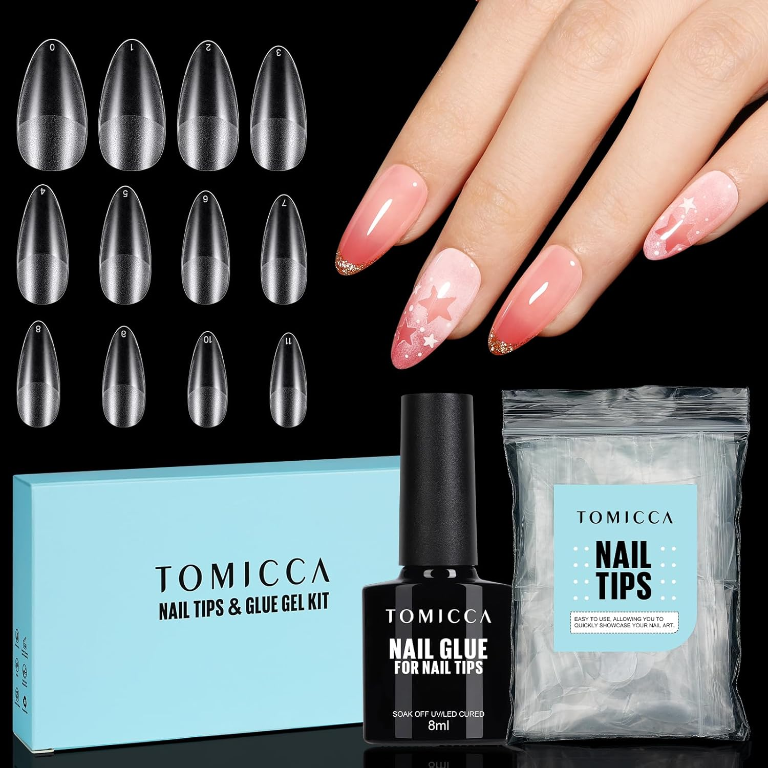 TOMICCA Short Almond Matte Nail Tips & Nail Glue Kit, 150 Pcs Full Coverage Soft Gel Nail Tips, No File, 8Ml Nail Gel Glue Soak off UV Lamp, Nail Tip Glue Set for Quick Nail Extension, Nail Salon
