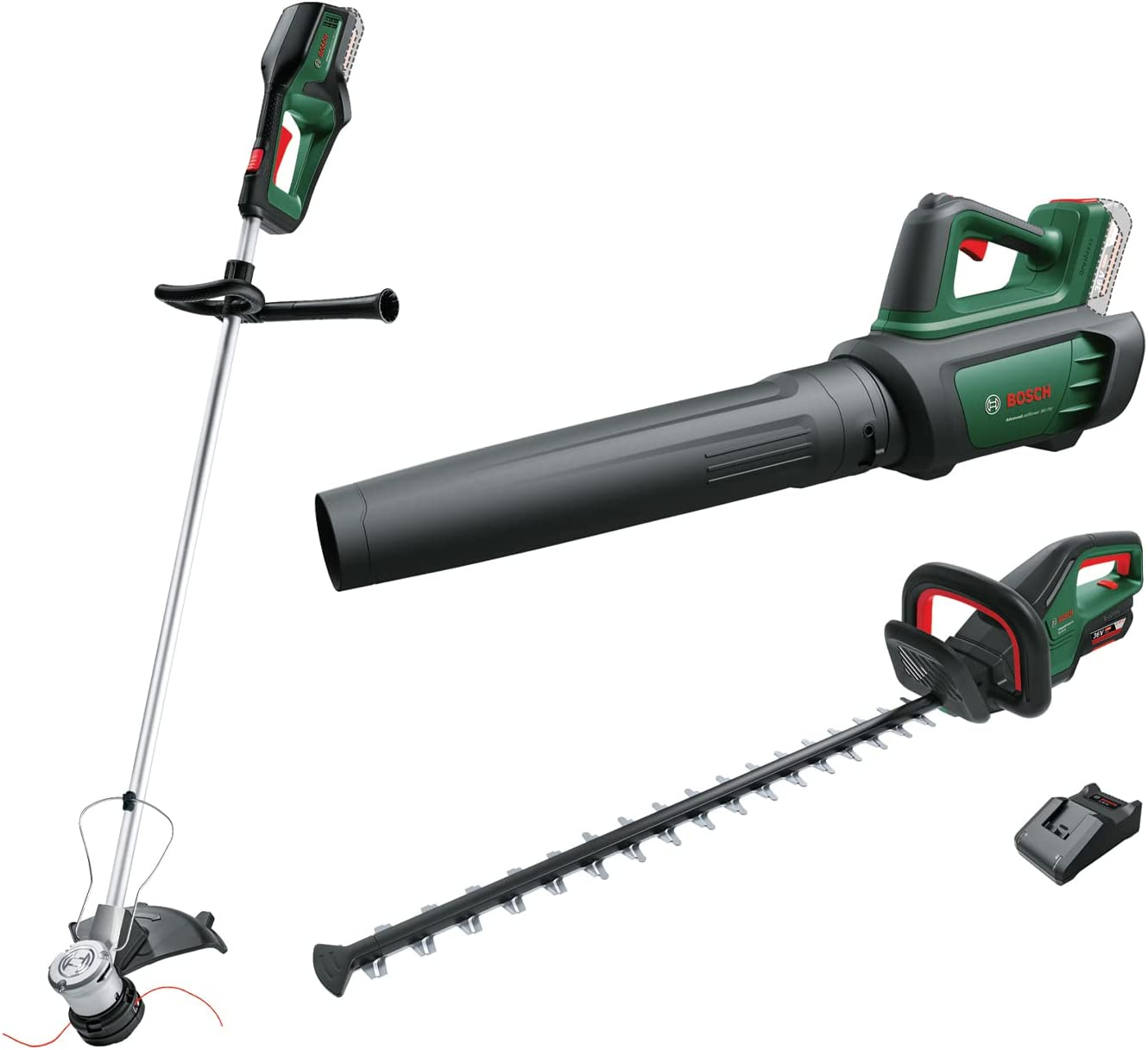 Bosch Home & Garden Cordless 36V Hedge Trimmer Advancedhedgecut 36V-65, Bosch 36 V Brushless Cordless Leaf Blower Advancedleafblower 36V-750 & Bosch Cordless 36V Line Trimmer Advancedgrasscut 36