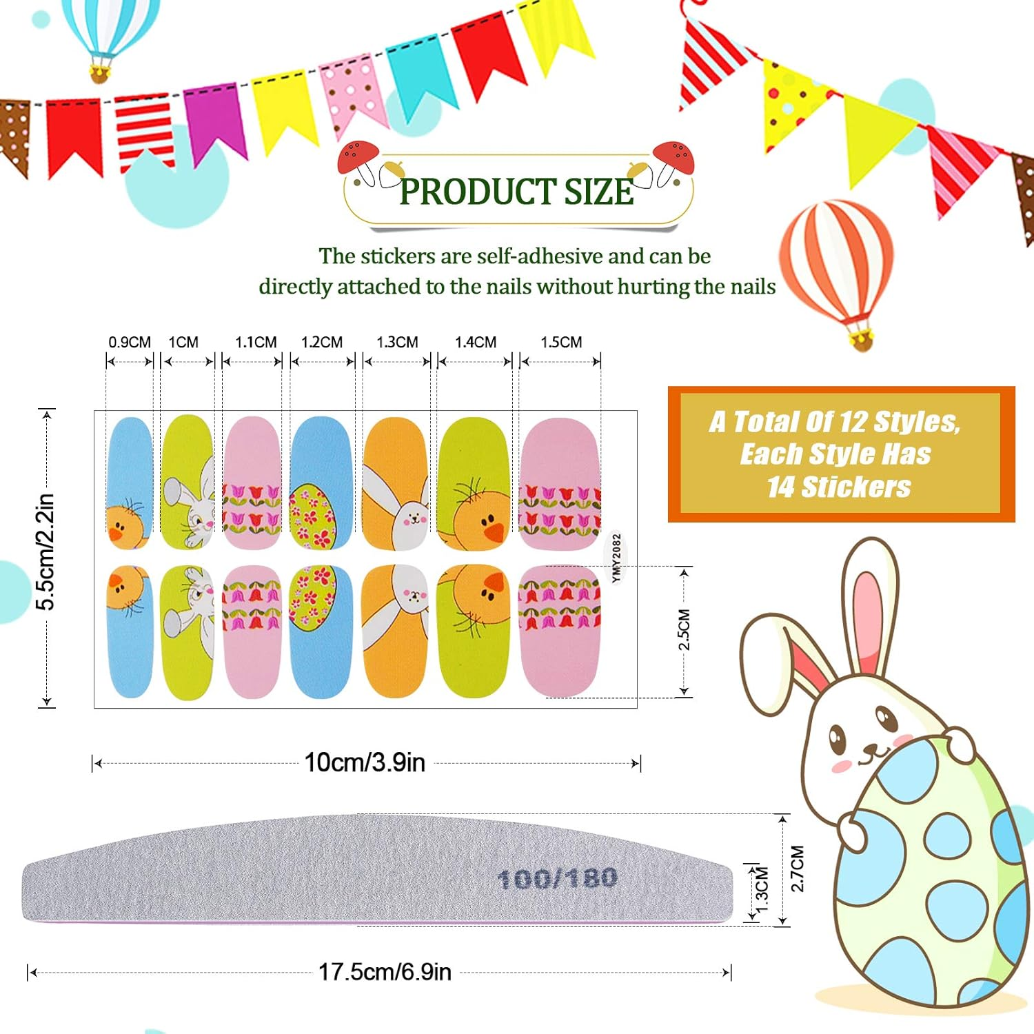 Easter Full Wraps Nail Art Stickers, Kalolary 12 Sheet Easter Self-Adhesive DIY Nail Art Decals Strips Eggs Rabbits Adhesive Nail Decals Manicure Set with Nail File for Women Girls image number 2