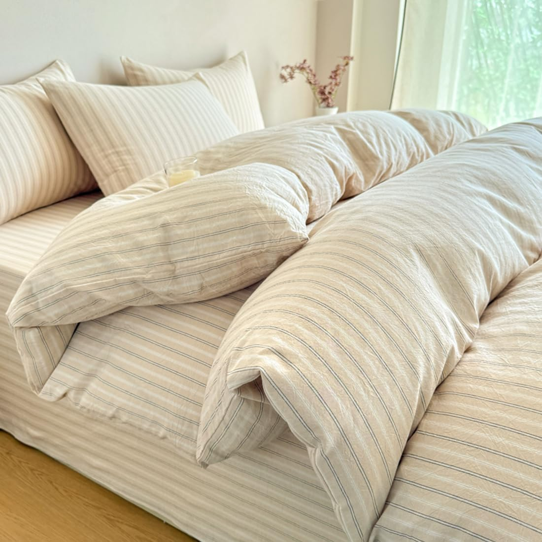 Pinkmemory Olive Green Striped Duvet Cover Queen 100% Washed Cotton Dark Green Stripe Duvet Cover Set Full 3Pcs Pinstripe Pattern Bedding Set with Zipper Closure Corner Ties,Soft Breathable