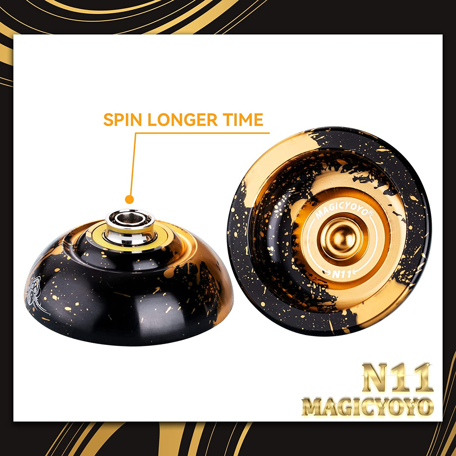 Dual Purpose N11 Black Golden Alloy Yoyo - Responsive for Kids Beginners, Unresponsive for Advanced Play + Glove, Bag, 12 Strings image number 3