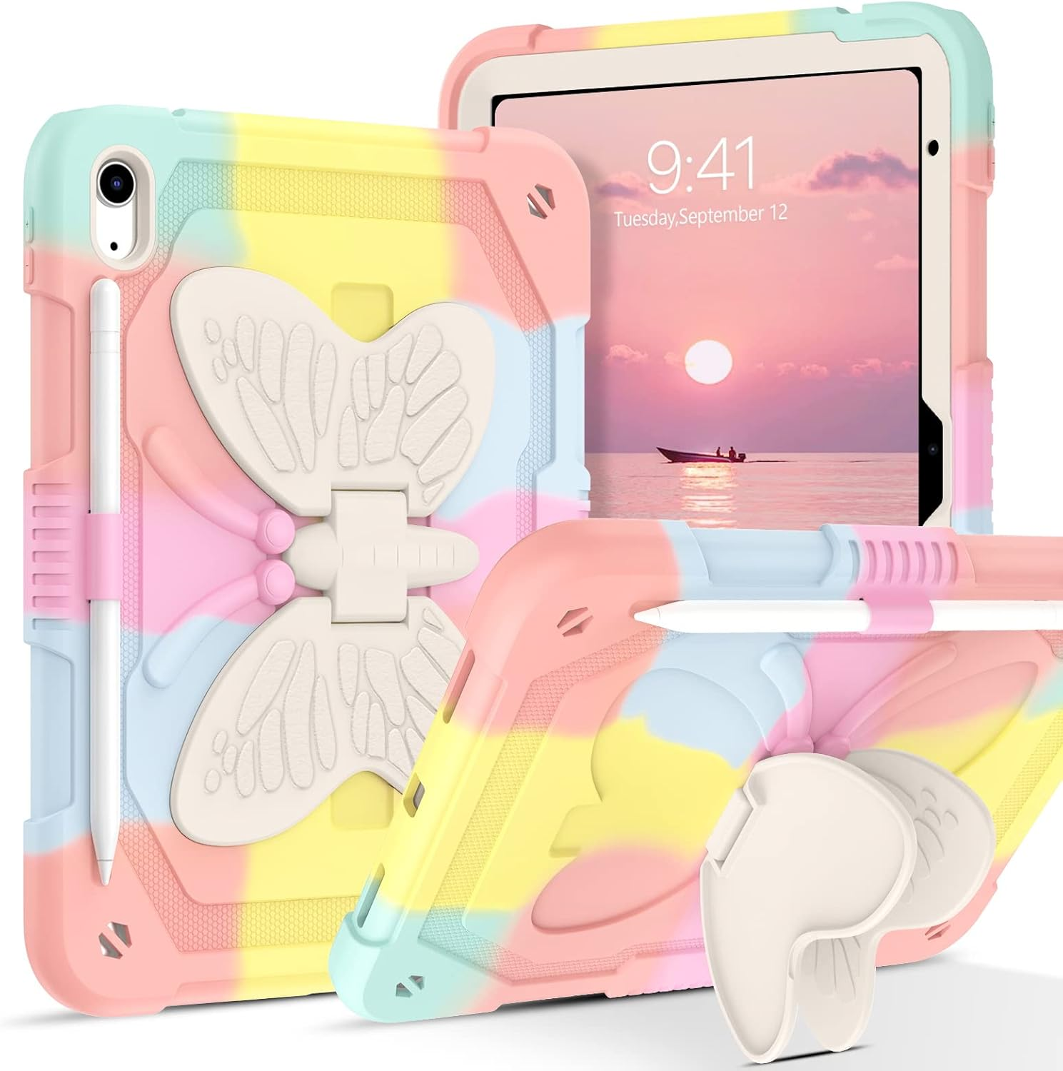 DUEDUE Ipad(A16) 11Th Generation 11 Inch 2025 Case, Ipad 10Th Generation 10.9 Inch 2022 Case, Butterfly Wings Kickstand Heavy Duty Shockproof Protective Tablet Case for Kids, Rainbow image number 3