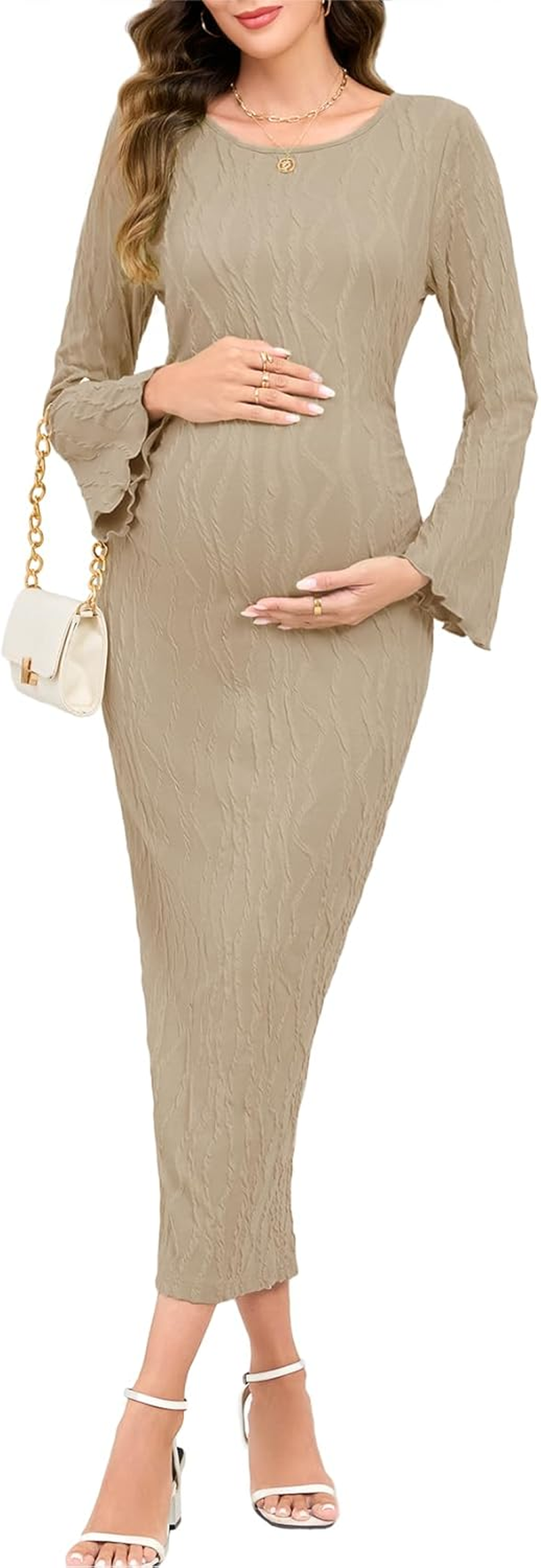 Maternity Dress Ribbed Knit Long Sleeve round Neck Bodycon Mid Pregnancy Dresses Casual Baby Shower Bell Sleeve