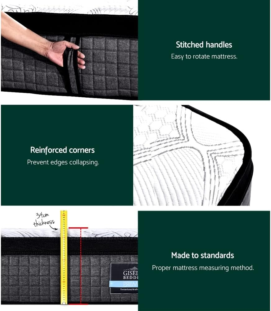 Giselle Bedding King Single Mattress Latex Foam Bed Mattresses 34Cm Thickness, with 9-Zone Pocket Spring System and Breathable Euro Top, 5Yrs Warranty, Medium Firm, White with Vacuum Packed image number 5