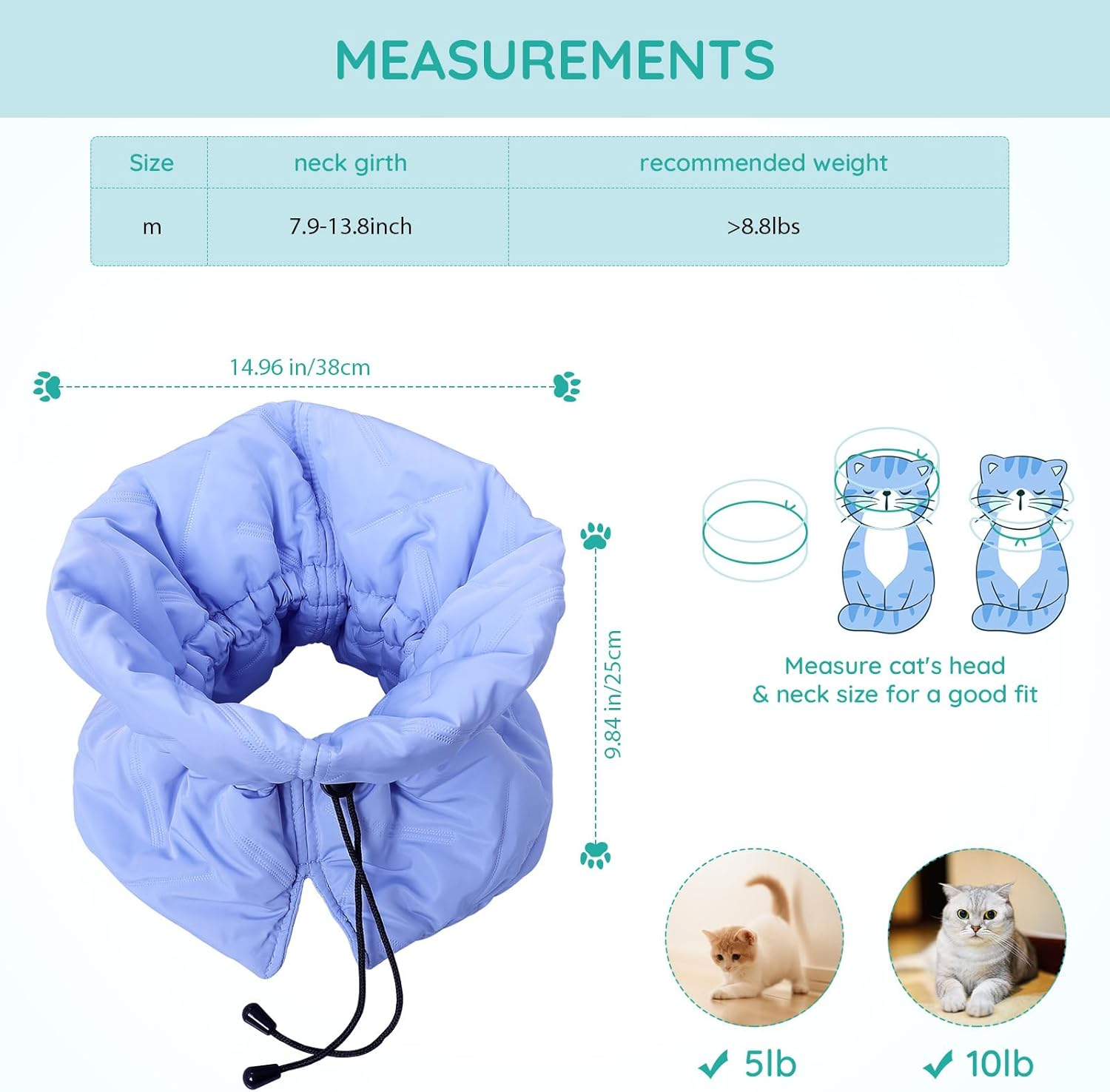 Cat Recovery Collar, Soft Adjustable Cat Cone Alternative, Lightweight Waterproof Fasteners Collars for Cats Kittens Puppies, after Surgery Stop Licking and Daily Use (Blue, M(Neck7.9-13.8")) image number 5