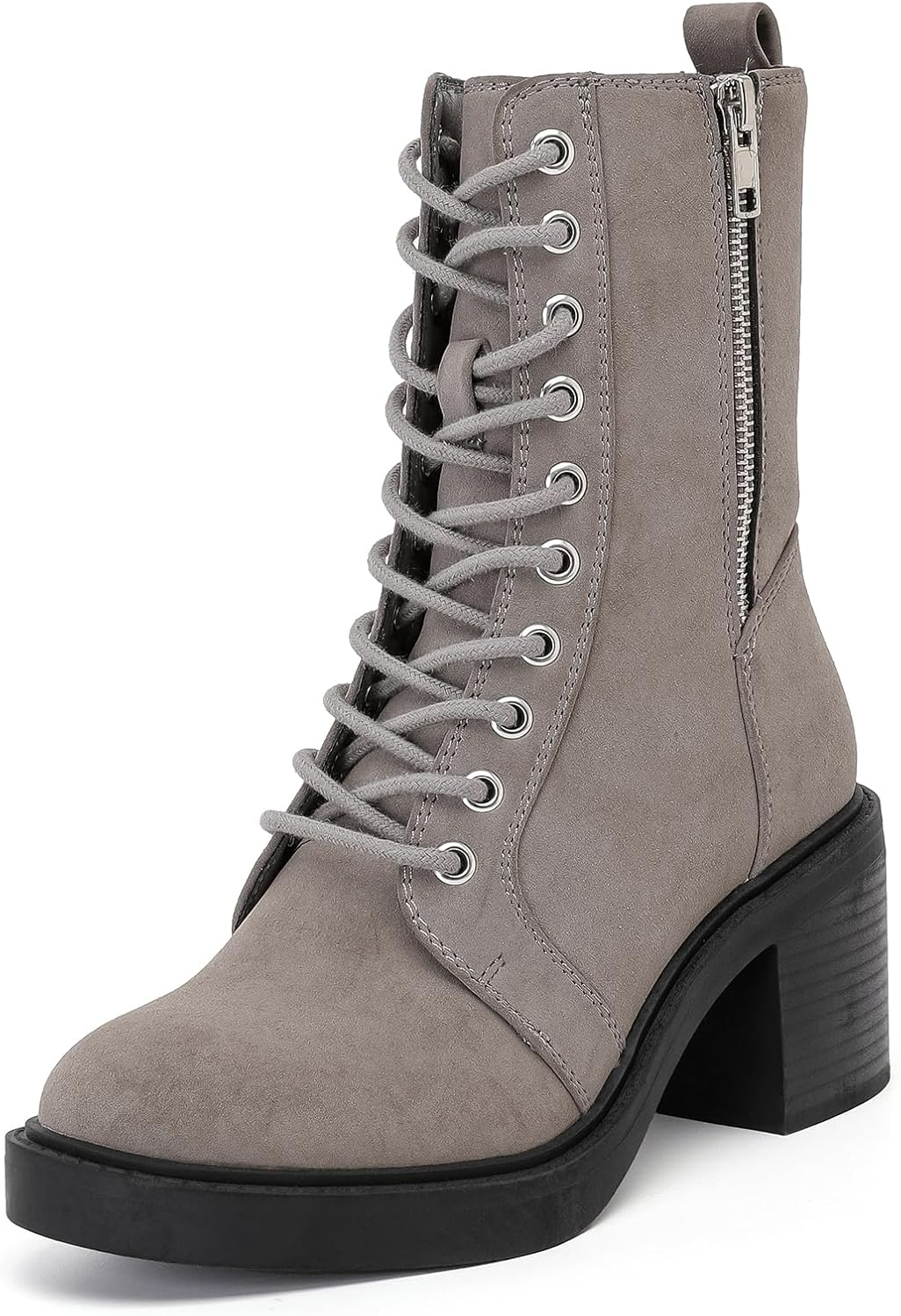 Ruiee Women'S Ankle Boots, Mid Calf Chunky Block Heel and Comfortable round Toe Lace up Fashion Combat Fall Winter Booties for Women.