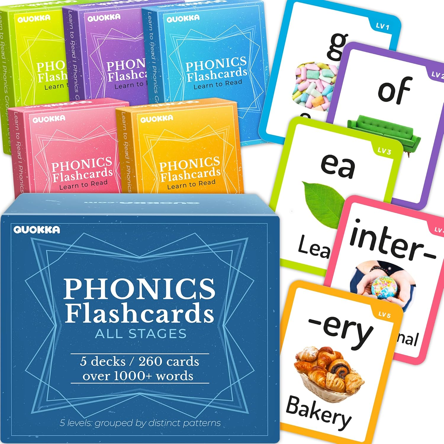 QUOKKA 1000+ Phonics Words Flash Cards for Kids Ages 4-8 I 20 Phonic Stages I 260 Card Games for Kids Ages 3-5 and 6-8 | Learn to Read Games & Phonics Manipulatives for Complete Phonemic Awareness image number 4