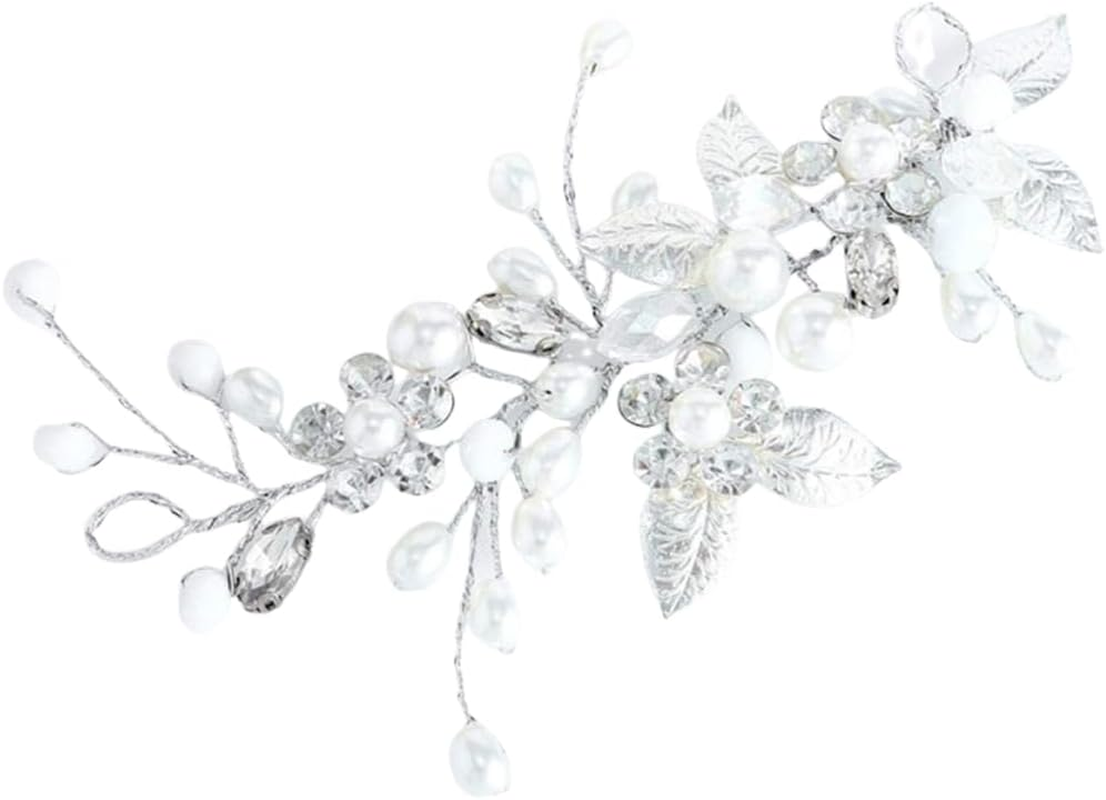 Silver Wedding Crystal Hair Vines Flower Leaf Headpiece, Pearl Headband, Wedding Hair Accessories for Bride, Hair Accessories for Women and Girls image number 3