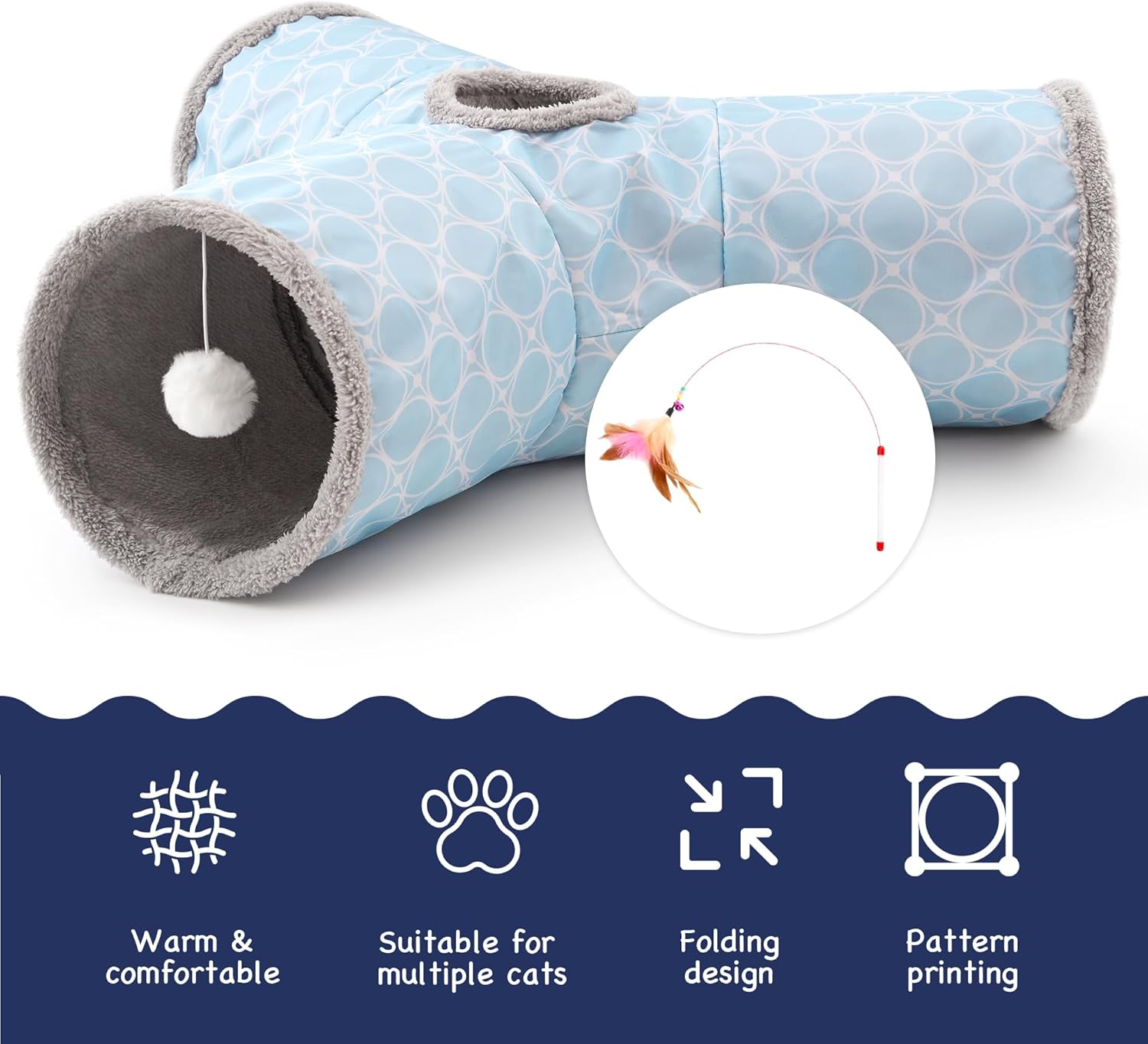 Tempcore Cat Tunnels for Indoor Cats Fleece-Lined in for Warmth, Pet Tube Toys 3 Way Collapsible, Pet Play Tunnel with Peek Hole Toy Ball for Kitty, Kitten, Rabbit, Geometry Blue - 3-Way Blue image number 5