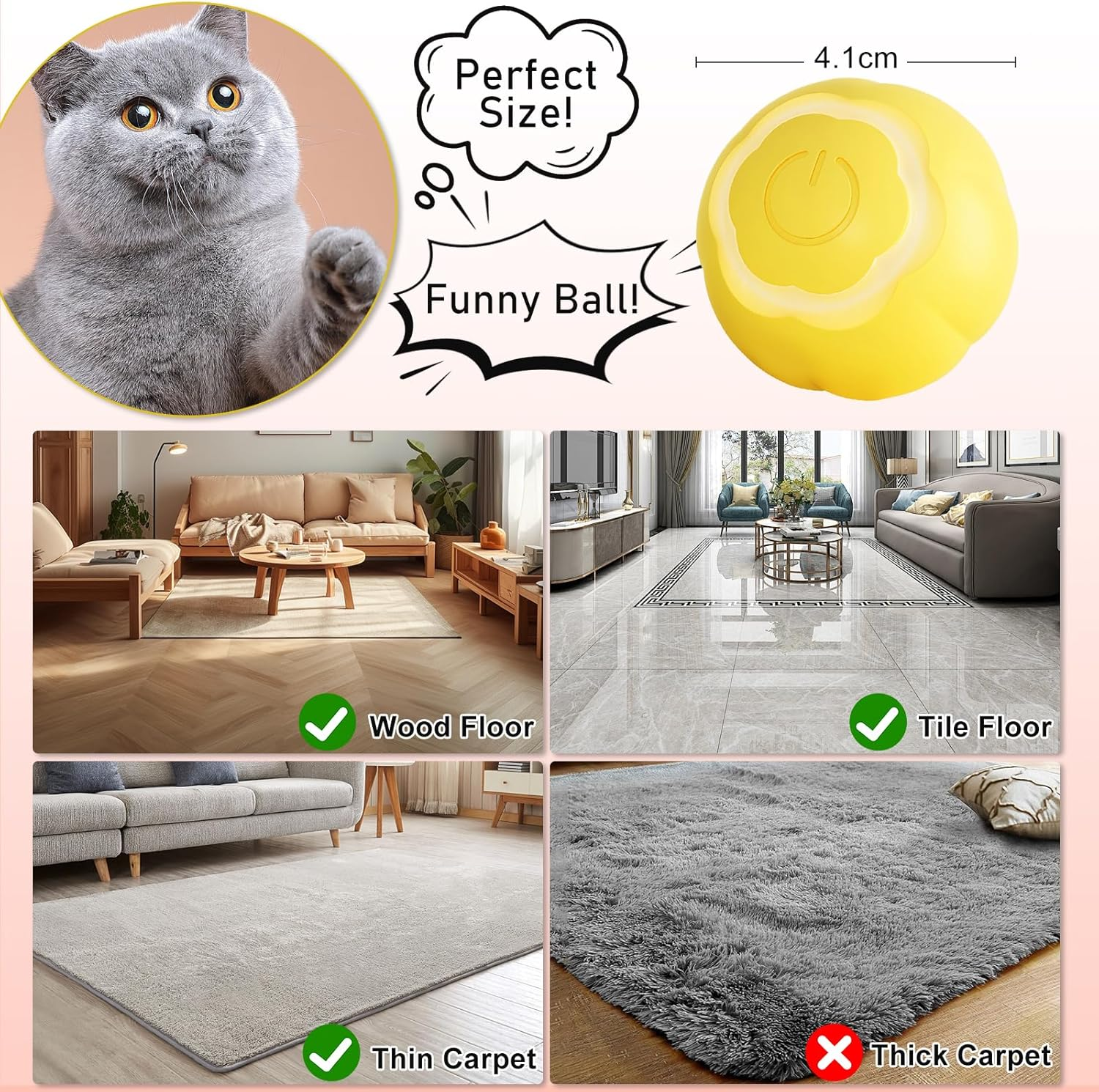 Electric Cat Toy with LED Light, 360 Degree Automatic Cat Ball, Type-C Rechargeable Interactive Cat Toy, Self-Rolling Ball, Intelligent Cat Toys for Cats (Yellow) image number 1