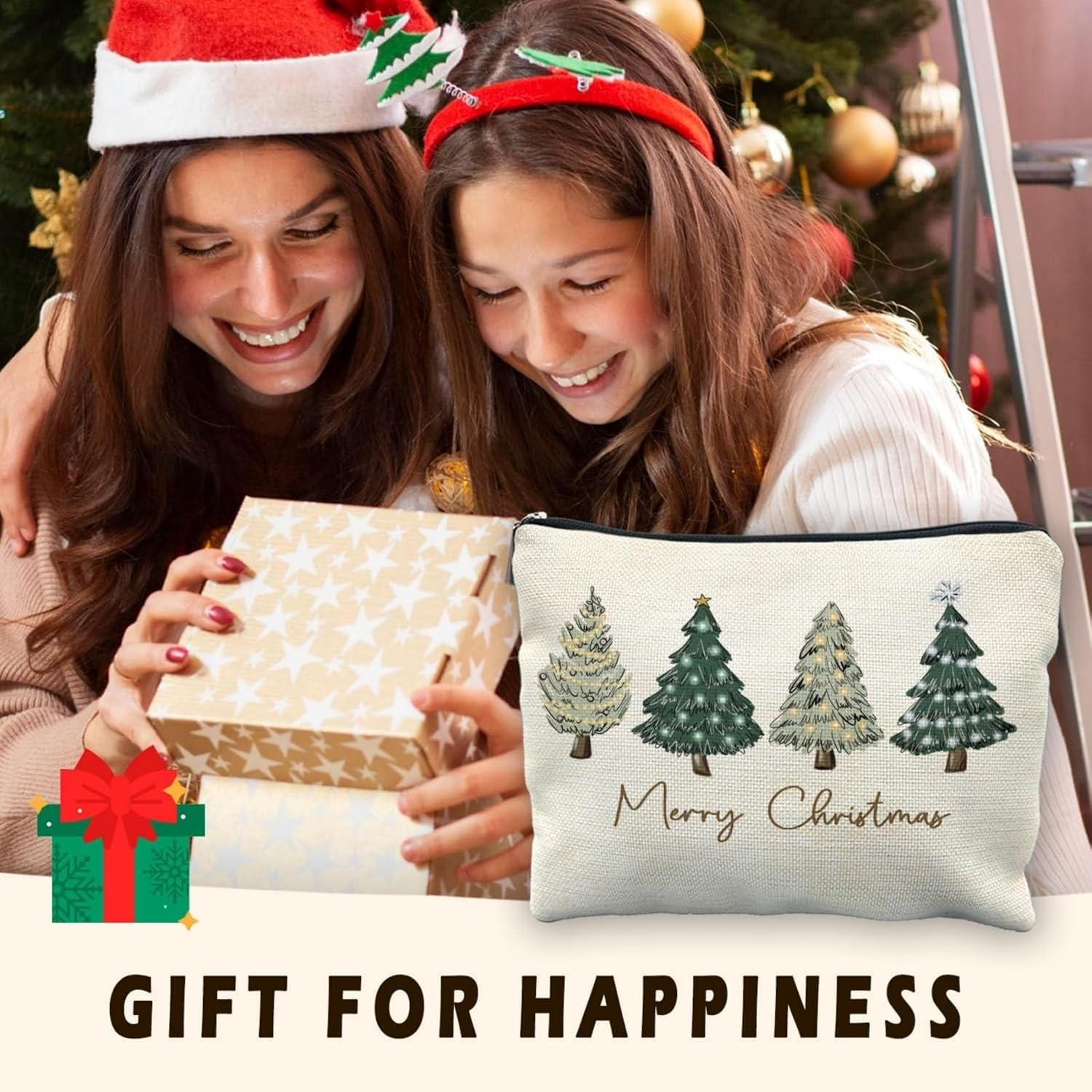 Itadaku Christmas Makeup Bag for Women, Travel Zipper Cosmetic Pouch with Christmas Tree Design, Holiday Organizer Gift, for Toiletries & Brushes (25 X 17 X 6 Cm)