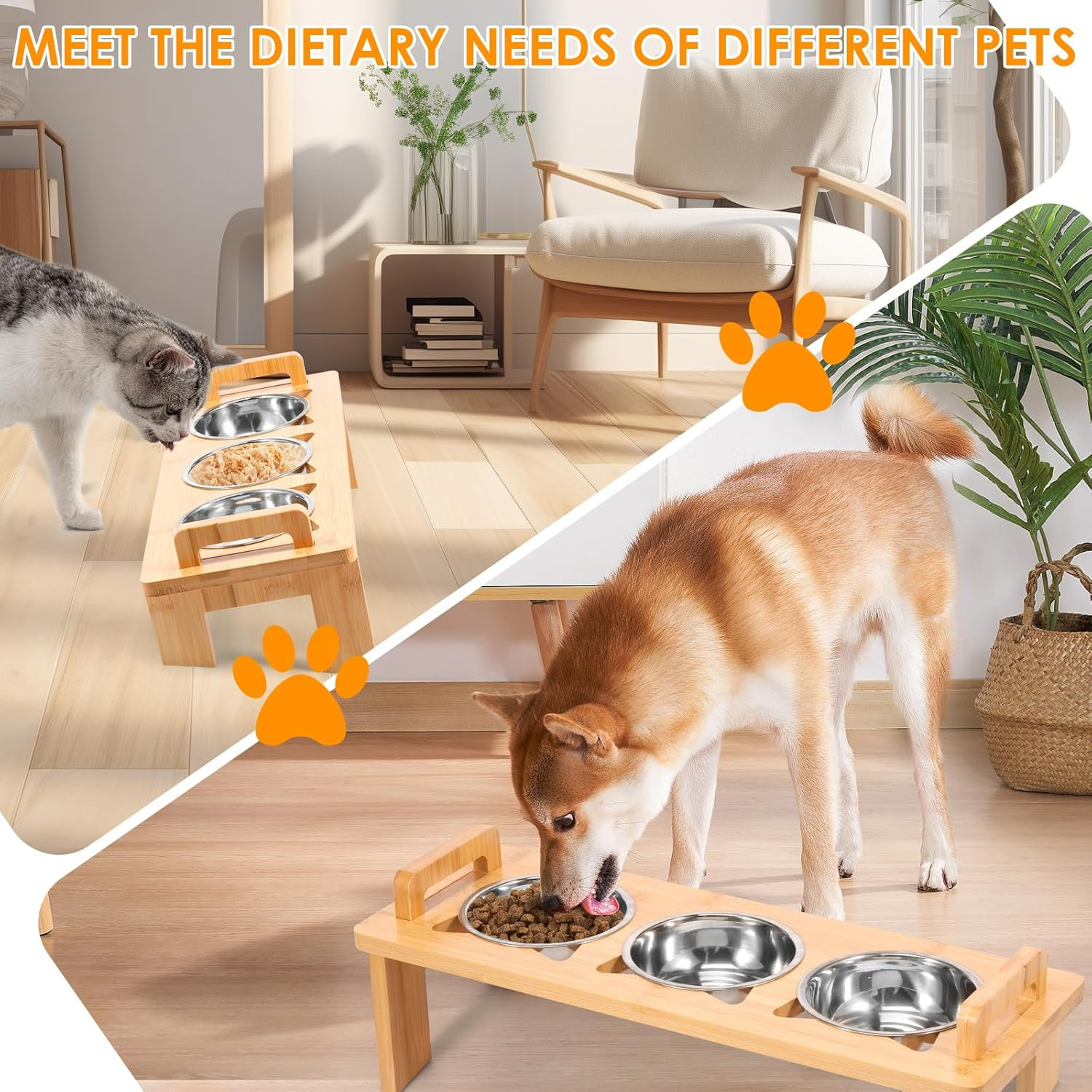 Elevated Cat Bowls with Bamboo Stand Tilted Raised Pet Food Feeding Dishes with 3 Stainless Steel Bowls for Cats and Puppy (3 Bowls) image number 4
