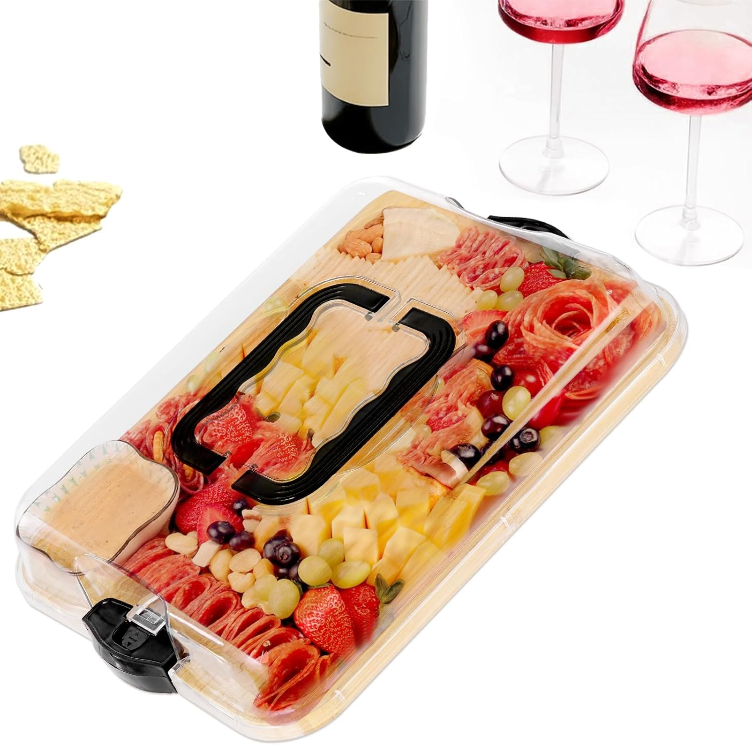 Premium Charcuterie Board with Locking Lid & Handle, Bamboo Cheese Board Platter for Appetizers & Snacks, Travel Portable Serving Tray for Kitchen,Parties,House Warming Gifts New Home,Gifts for Women image number 1