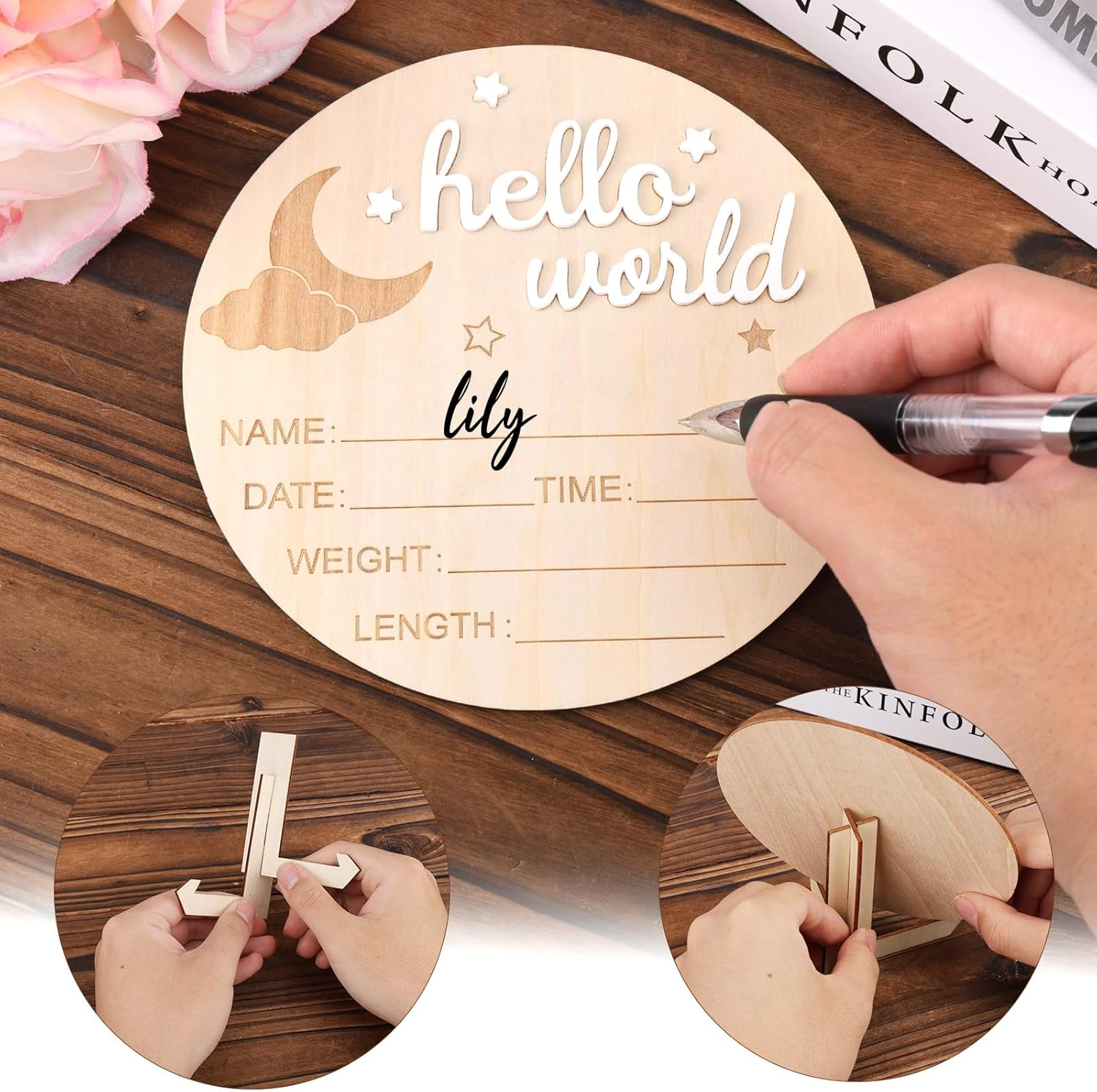 Wooden Hello World Newborn Sign, 5.8In Birth Announcement Board Baby Name Plaque Birth Stats Board for Boys and Girls Cute Nursery & Hospital Photo Prop image number 2
