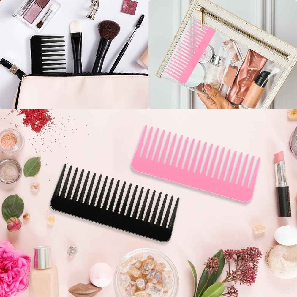 Wide Tooth Detangling Comb Set - 2PCS No-Handle Combs for Curly, Wet or Dry Hair, Shower Combs in Black and Light Pink - Black,Light Pink image number 4