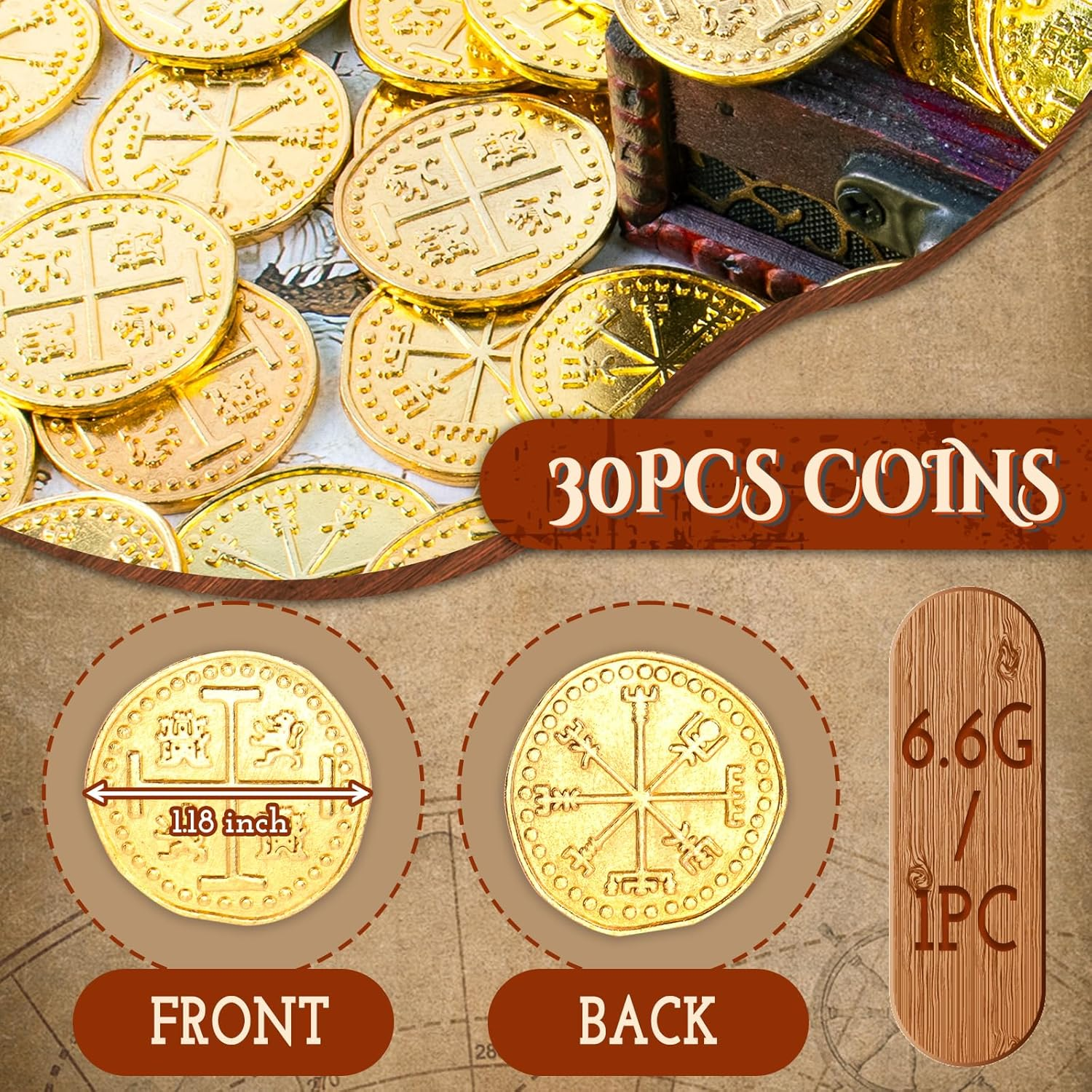 Metal Pirate Coins, 30 Gold Treasure Coins Set, Metal Replica Spanish Doubloons, Pirate Treasure Chest Fake Coins Tokens, Realistic Money Imitation for Cosplay Toys Board Games image number 6