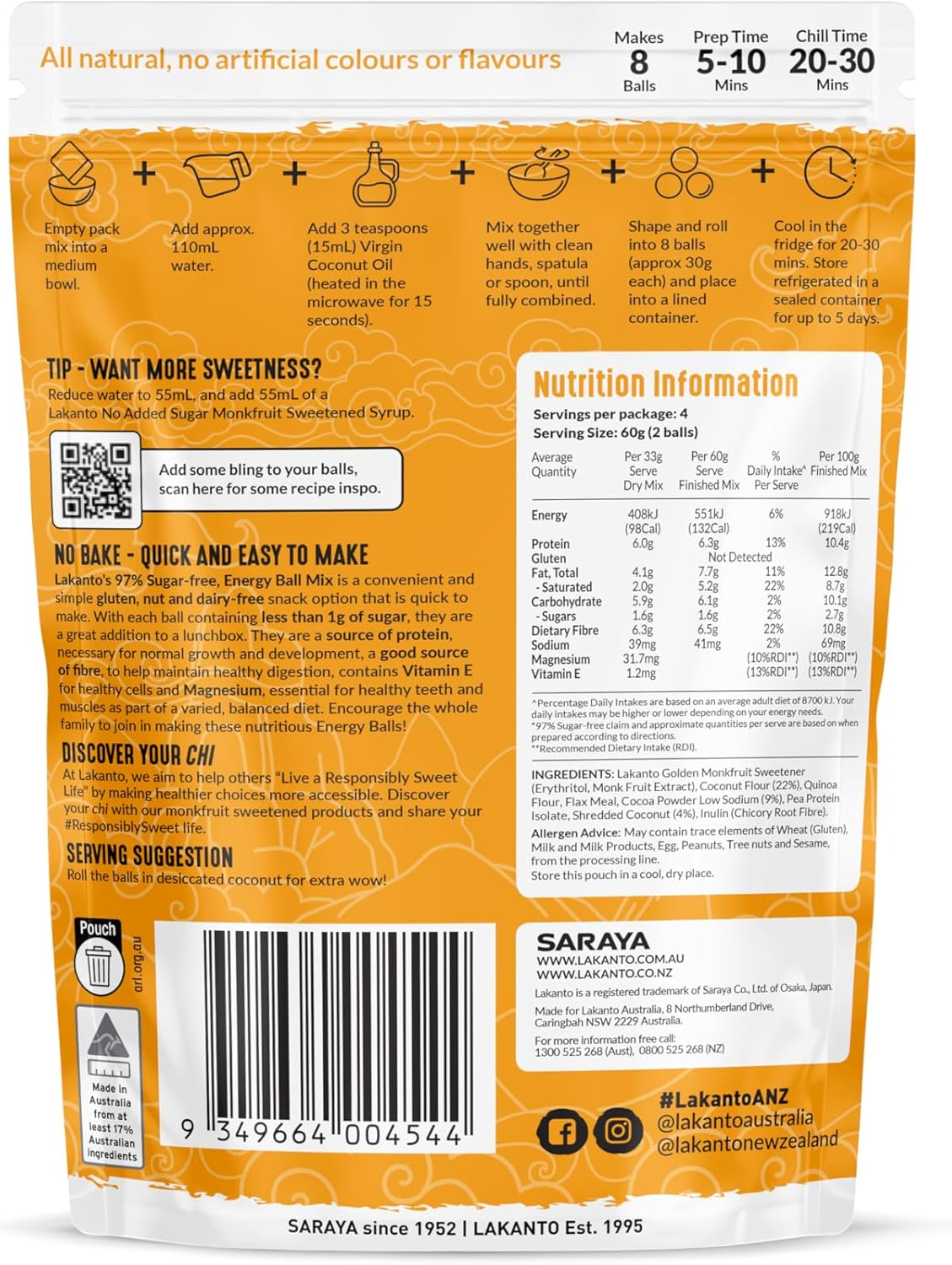 Lakanto Low Sugar Energy Ball Mix Choc Coconut, 145G image number 6