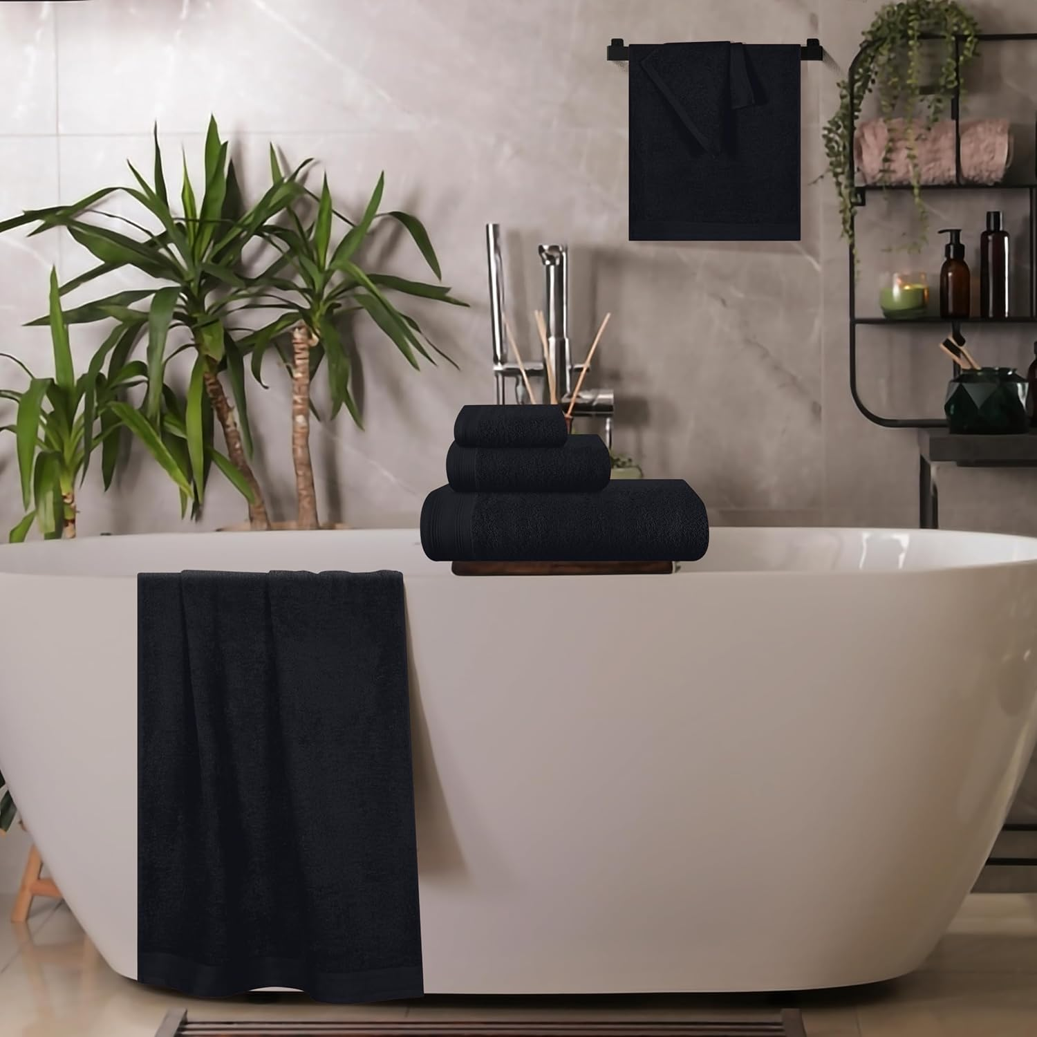 MALLONI Home Ultra Soft 6 Pack Cotton Towel Set, Contains 2 Bath Towels 28X55 Inch, 2 Hand Towels 16X24 Inch & 2 Wash Coths 12X12 Inch, Ideal Everyday Use, Compact & Lightweight - Black image number 2