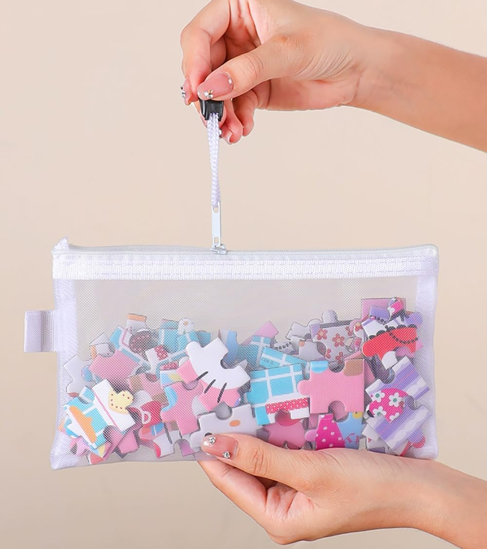 PQCLXUYA 12 Pcs Clear Mesh Zipper Pouches,Puzzle Building Block Sets Toy Storage & Organization,Multipurpose Nylon Pouch for School Supplies, Puzzles & Games Organizing Storage(A4+A5+A6) image number 5
