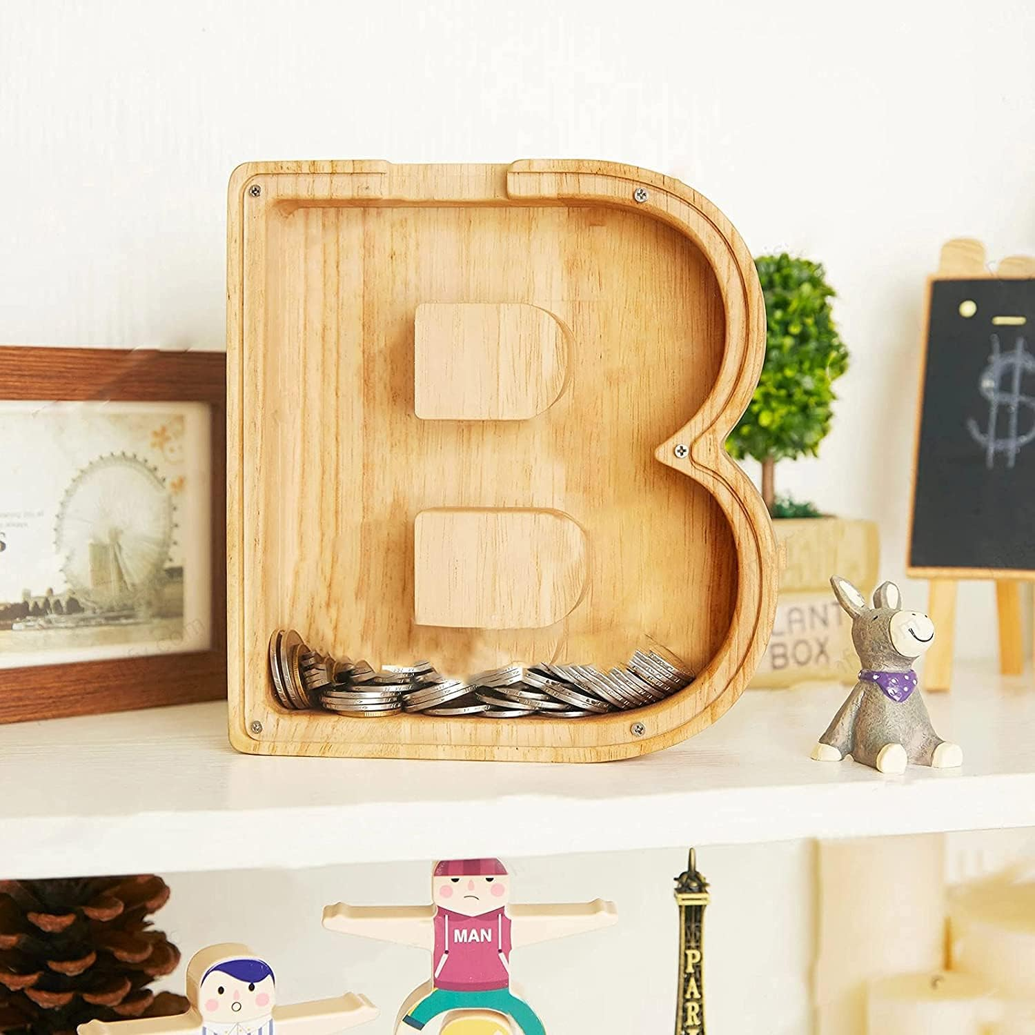 Twenty-Six English Alphabet A-Z Letter Piggy Bank ,Large-Capacity Transparent Wooden Alphabet Piggy Bank，Personalized Coin Savings Box, Name DIY Creative Purchase Combination. image number 1