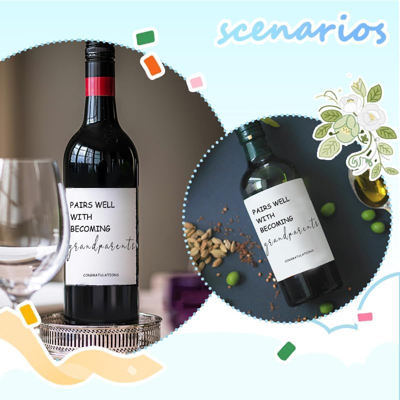 New Grandparent Wine Labels Pregnancy Announcement Gifts for Grandparents Baby Announcement Gifts for Grandma Grandpa Pairs Well with Becoming Grandparents Wine Bottle Stickers(Set of 4) image number 5