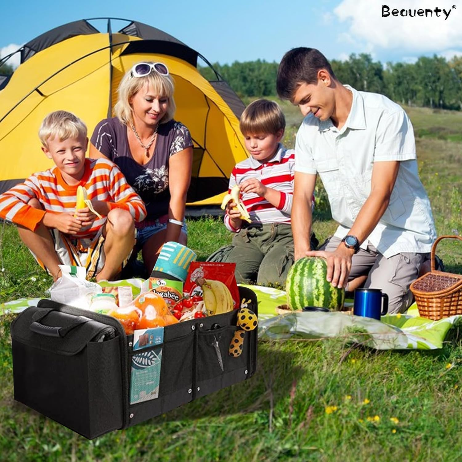 Large Car Trunk Storage Organizer with Built-In Leakproof Cooler Bag, 2 Tie-Down Straps, 4 Removable Dividers, Durable Collapsible Car Boot Organiser for SUV, Car, Sedan image number 4
