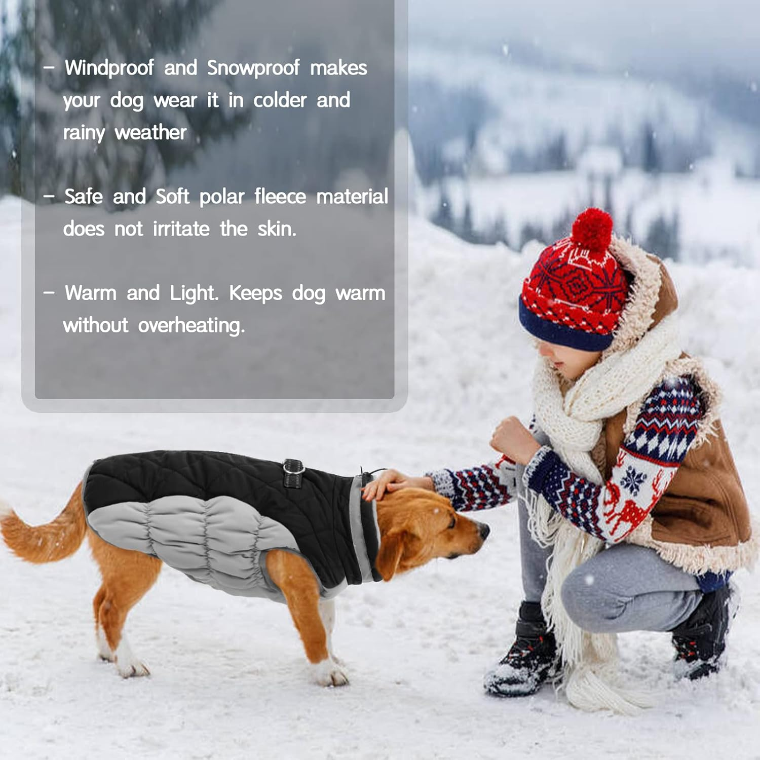 Kuoser Dog Coat,Warm Winter Jacket with Padded Fleece, Reflective, Waterproof & Windproof, Built-In Harness,Black,X-Small image number 6