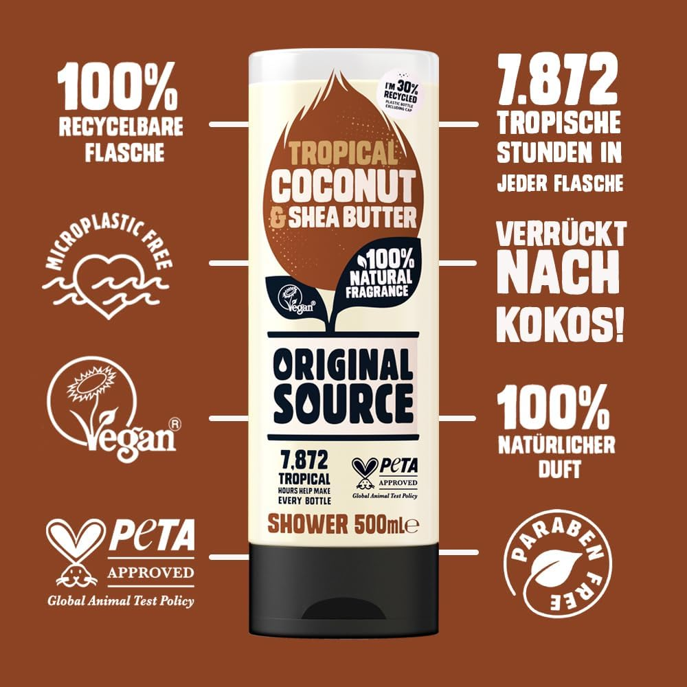 Original Source Coconut and Shea Butter Shower Gel, 100 Percent Natural Fragrance, Vegan, Cruelty Free, Paraben Free, Bulk Buy, Pack of 6 X 500 Ml image number 4
