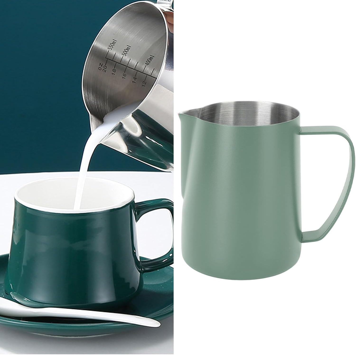 FLEXMAN 480Ml Milk Frothing Pitcher, Stainless Steel Multipurpose Pour over Coffee Maker, Metal Milk Frother Cup with Inner Scale for Making Latte Coffee, Milk Bubbles, Milk Tea (Dark Green) - Dark Green image number 4