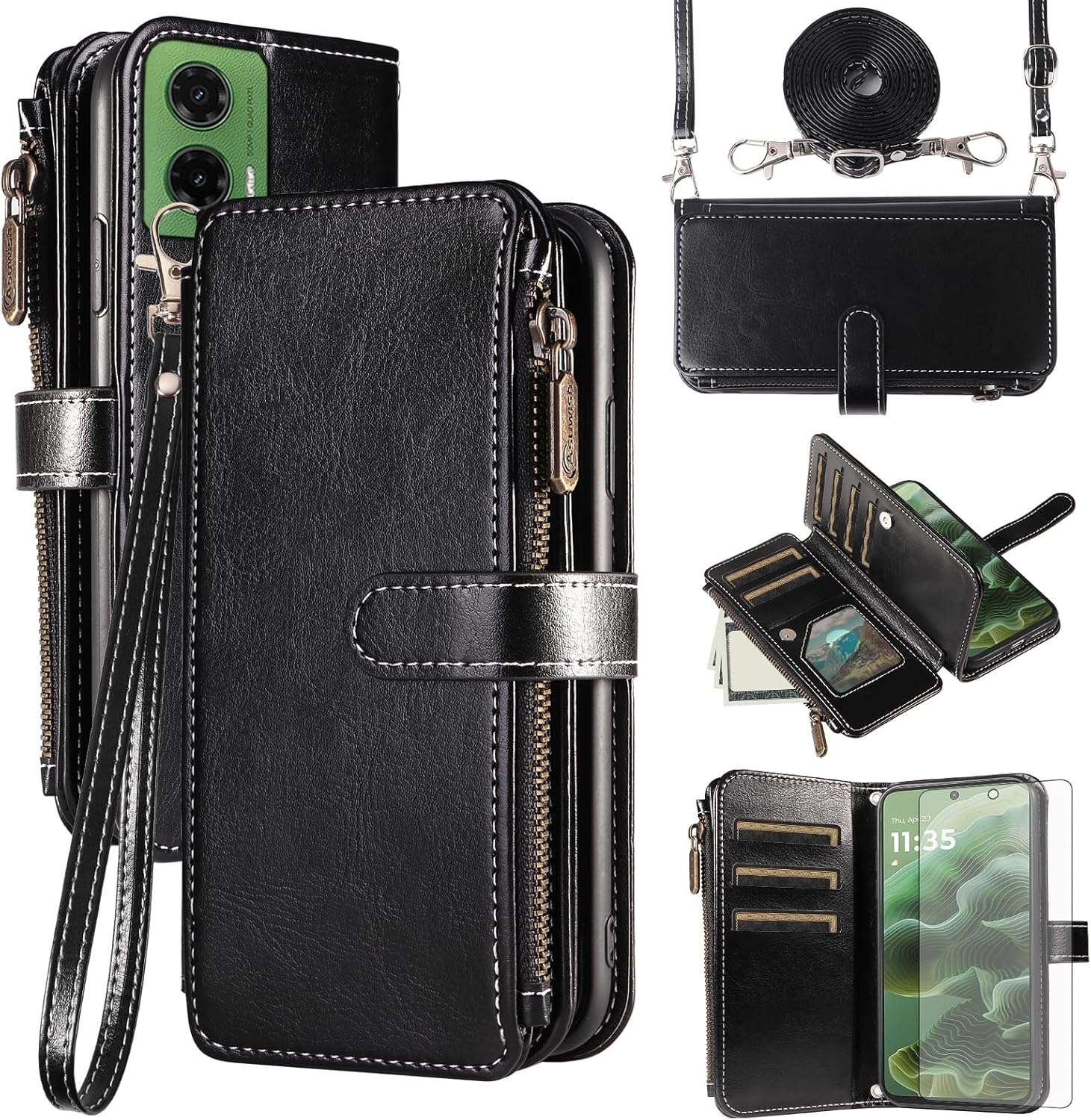 Asuwish Mobile Phone Case for Motorola Moto G35 5G Case with Strap Film Screen Protector Card Slot Foldable Leather Wallet Stand Motog35 G 35 Mobile Phone Cases Protective Zip Wallet Phone Case Brown