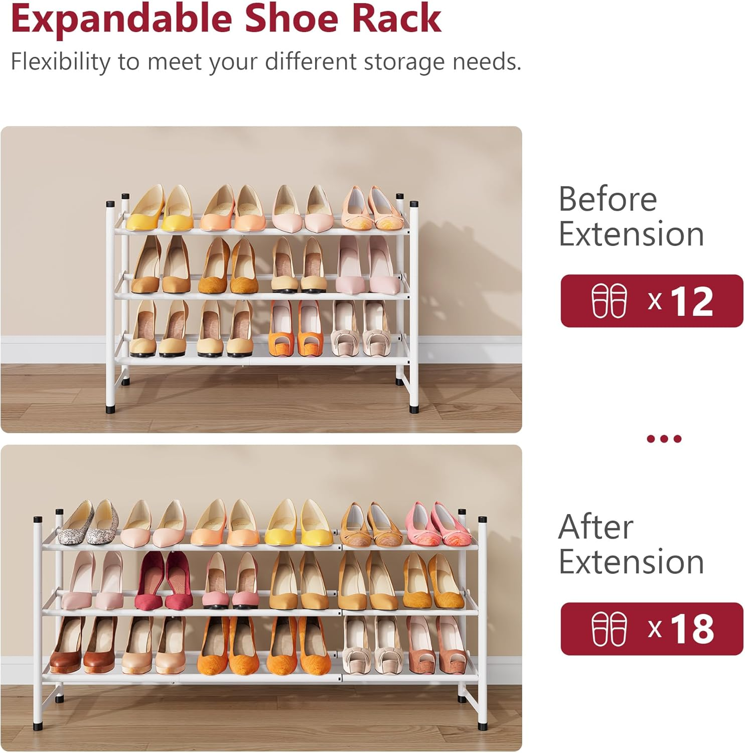 Tajsoon Expandable Shoe Rack for Closet 3 Tier, 28&ldquo;-41&ldquo;Adjustable & Stackable Shoe Shelf Storage, Metal Shoe Rack Organizer for Front Door Entrance, Closet, Garage, Entryway, White image number 7