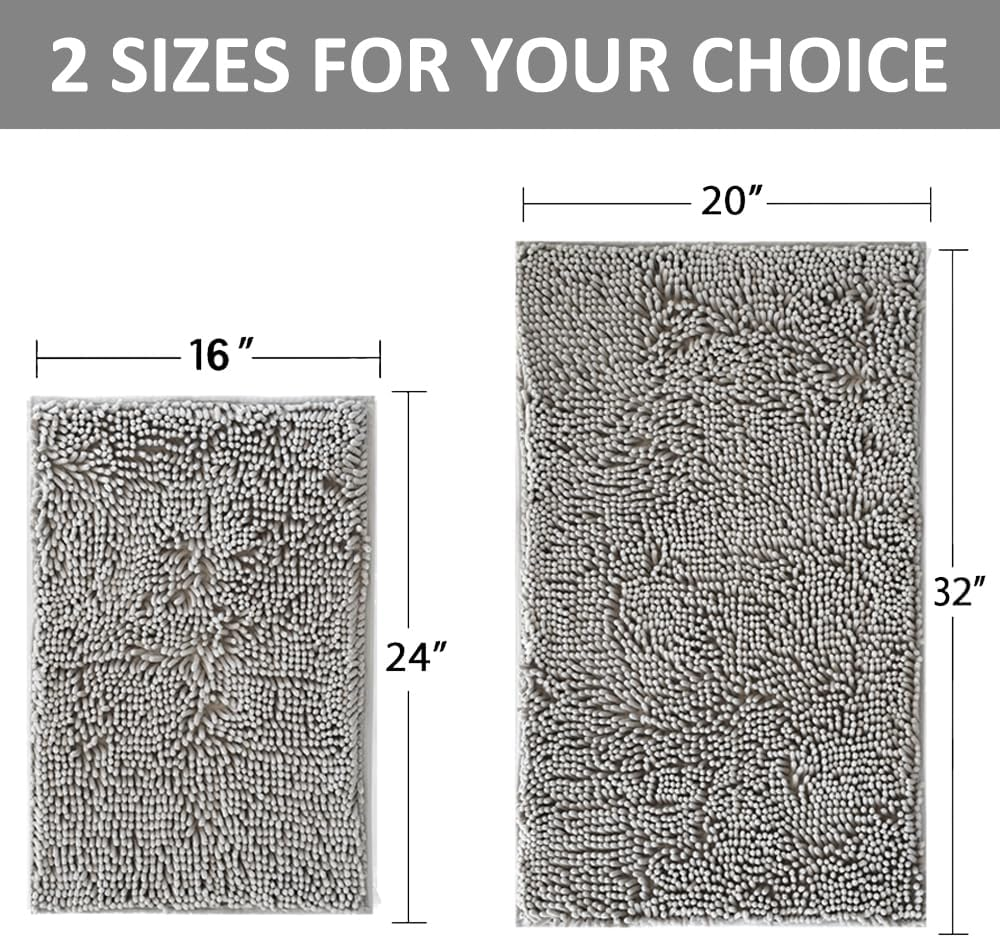 Bathroom Rugs Sets 2 Piece Plush Chenille Bath Rugs Non-Slip Bath Mats Absorbent Shaggy Rugs,Bathtub Mat, Gray Pet Dog Mats,Washable Bathroom Carpet for Tub, Shower, Washroom- 32X20 + 24X16 Inch image number 1
